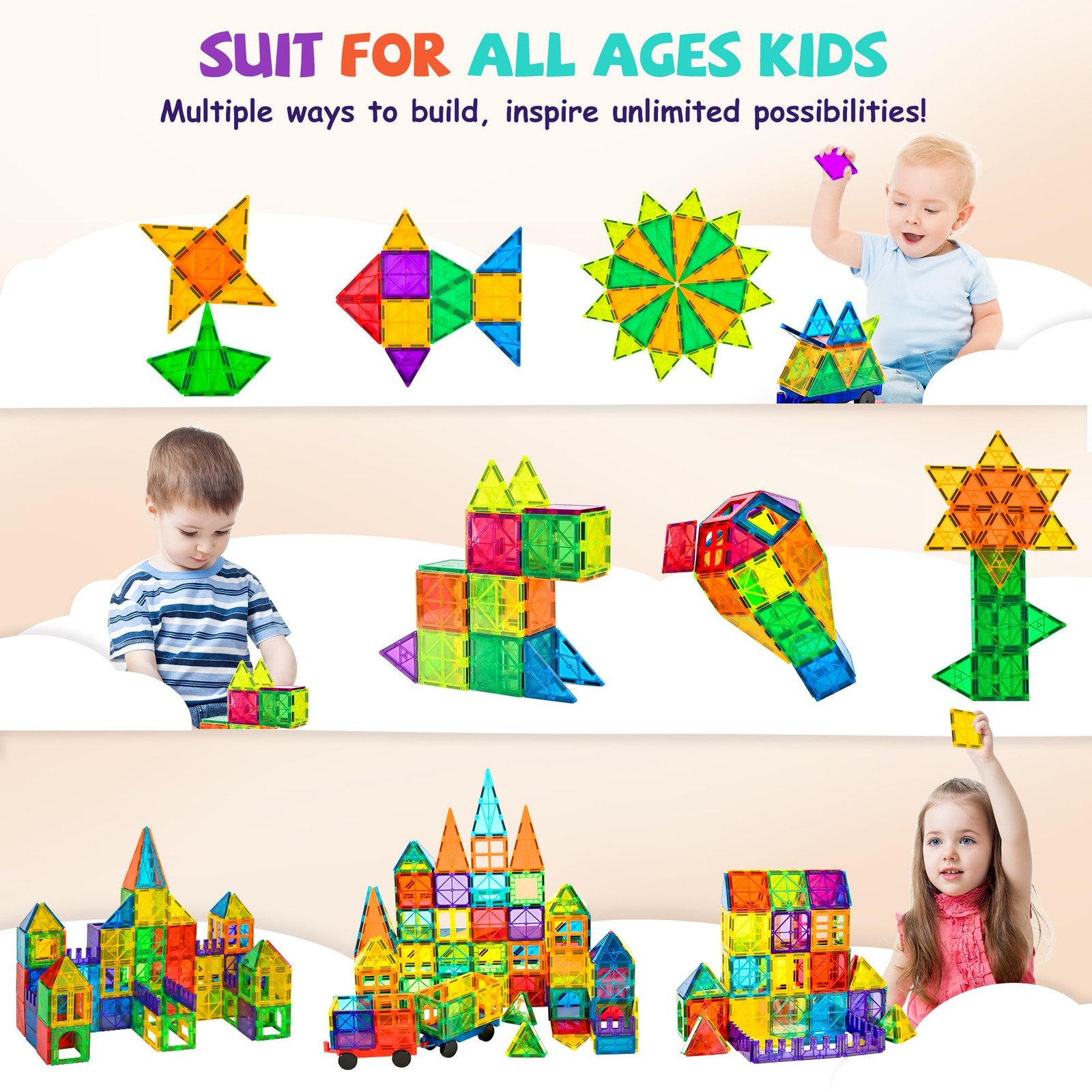 cossy 120Pcs Magnetic Tiles 3D Building Blocks 120 Pieces, Colorful