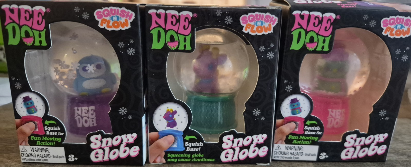 Nee Doh Squish N Flow Snow Globes Set W/Penny The Penguin Squeeze Toy Lot of 3