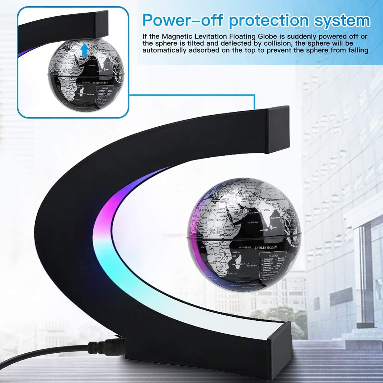 RTOSY Magnetic Levitation Floating Globe with LED Light, Desk Gadget silver