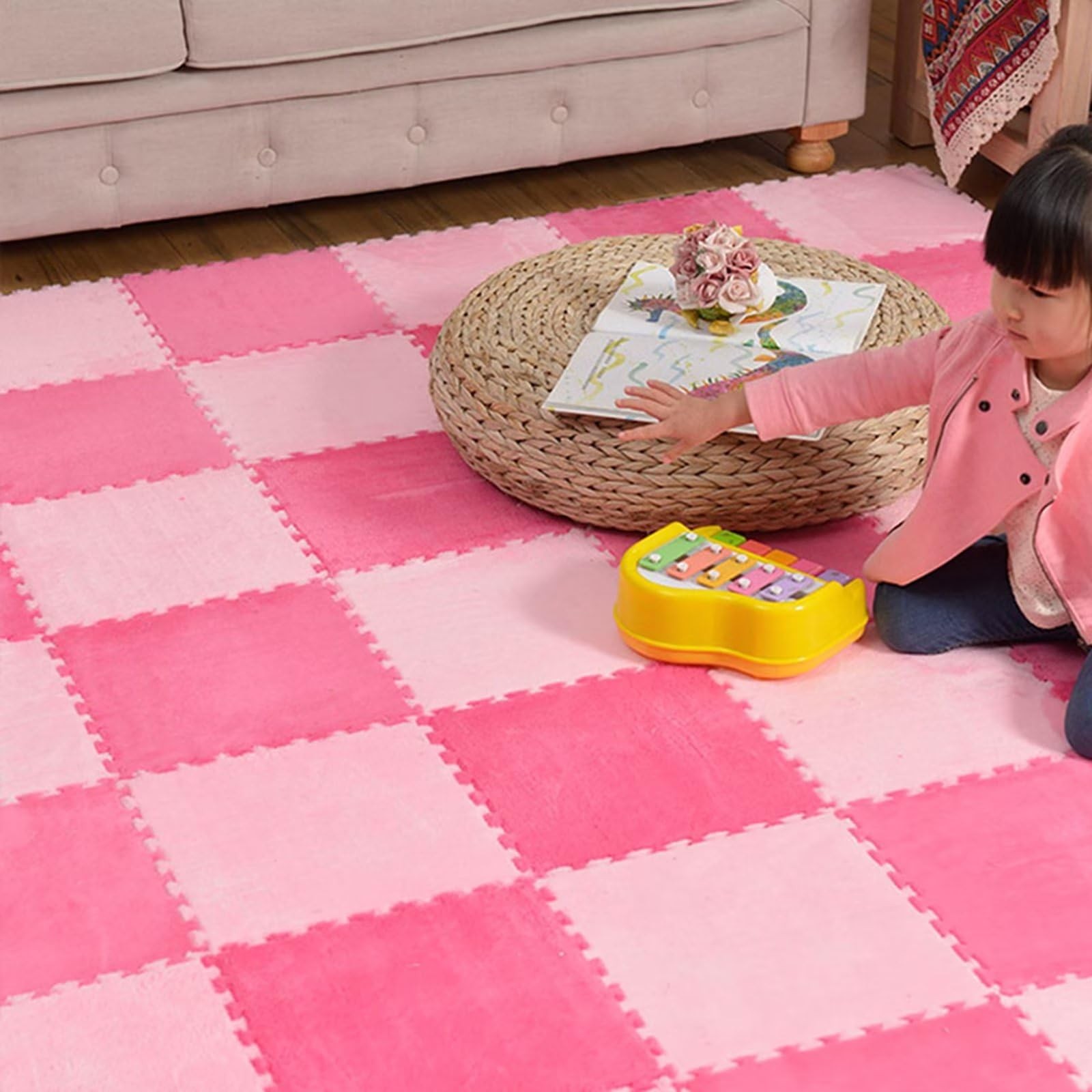 Typutomi 12pcs Plush Puzzle Foam Floor Mat, 55.7×55.7×0.55in, Rose Red&pink