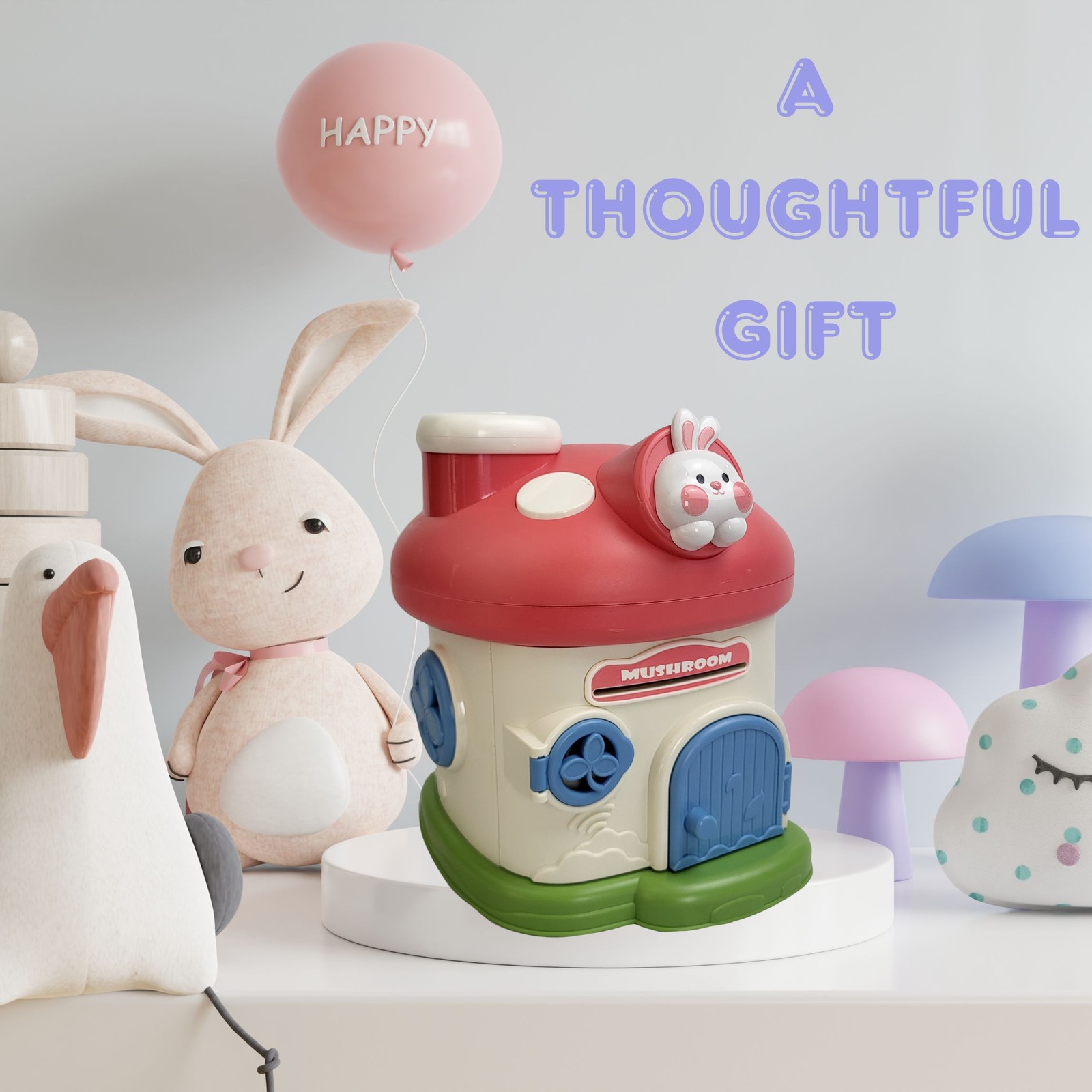Lockable Kids Piggy Bank Mushroom Coin Box 2 Keys ASTM Non-Toxic Vinyl USA