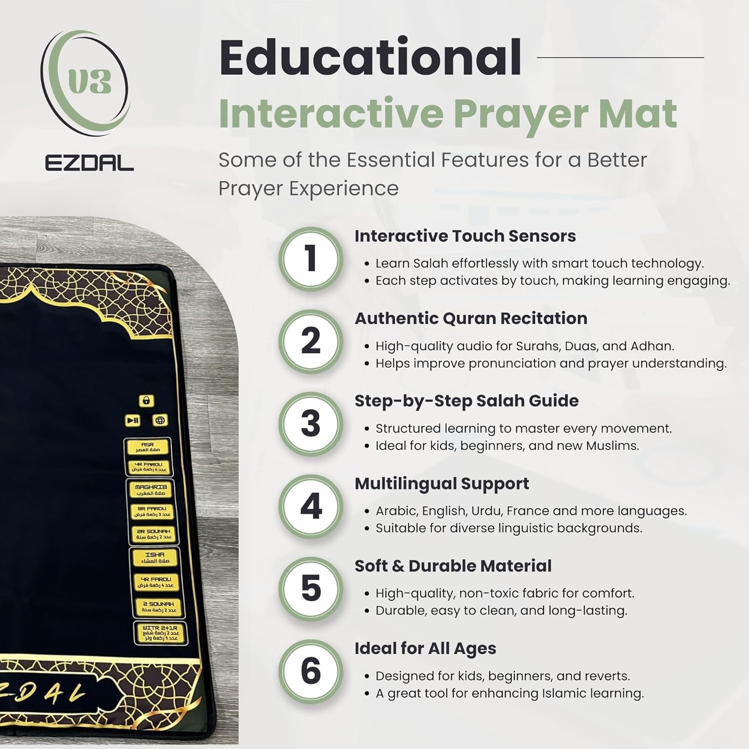 EZDAL Smart Interactive Prayer Mat V3 – 2’4″ x 3’7″ (Rectangular), Black