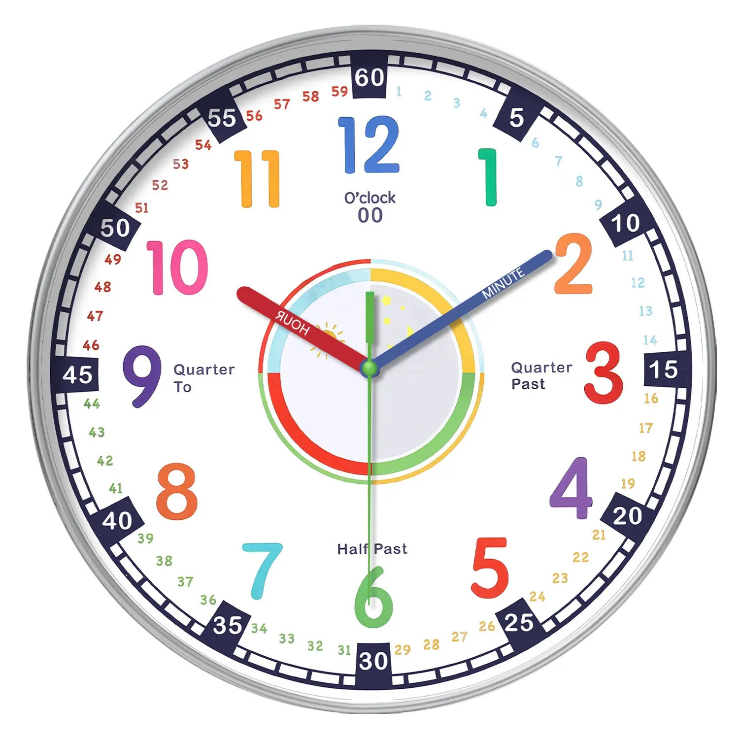 Rainbow Silent Wall Clock Modern Quartz Educational Clock for Kids & Home |
