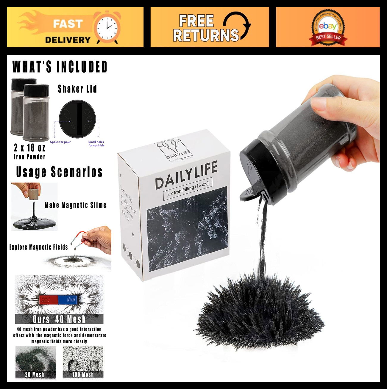 Magnetic Iron Filings for Science Experiments – 32oz Iron Powder with Shaker Lid