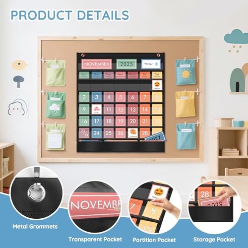 Pocket Chart with 97 Educational Cards, Large 20″x23.6″ Rainbow Calendar