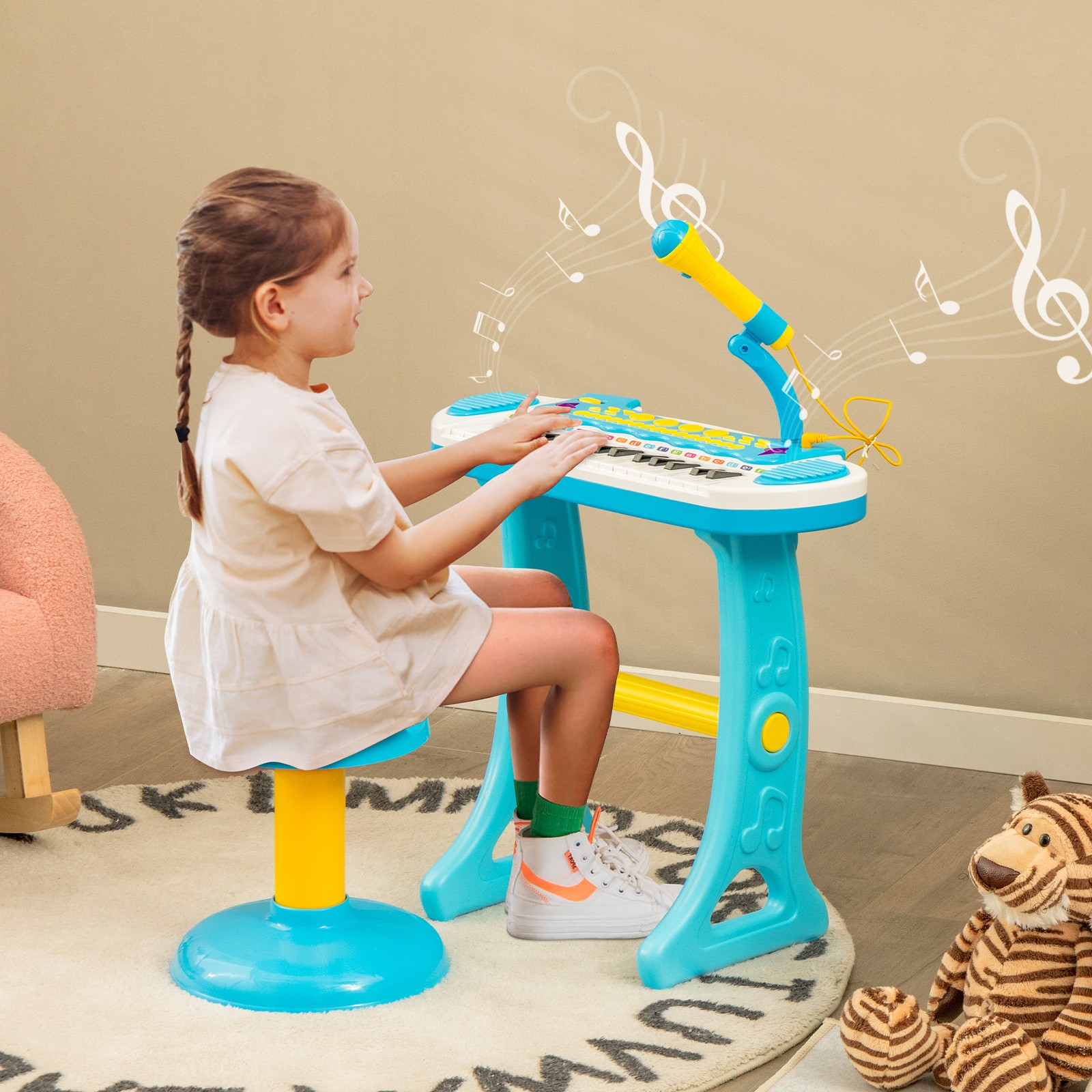 31-Key Kids Piano Stool Set Musical Instrument w/Clear Loudspeaker &Volume Level