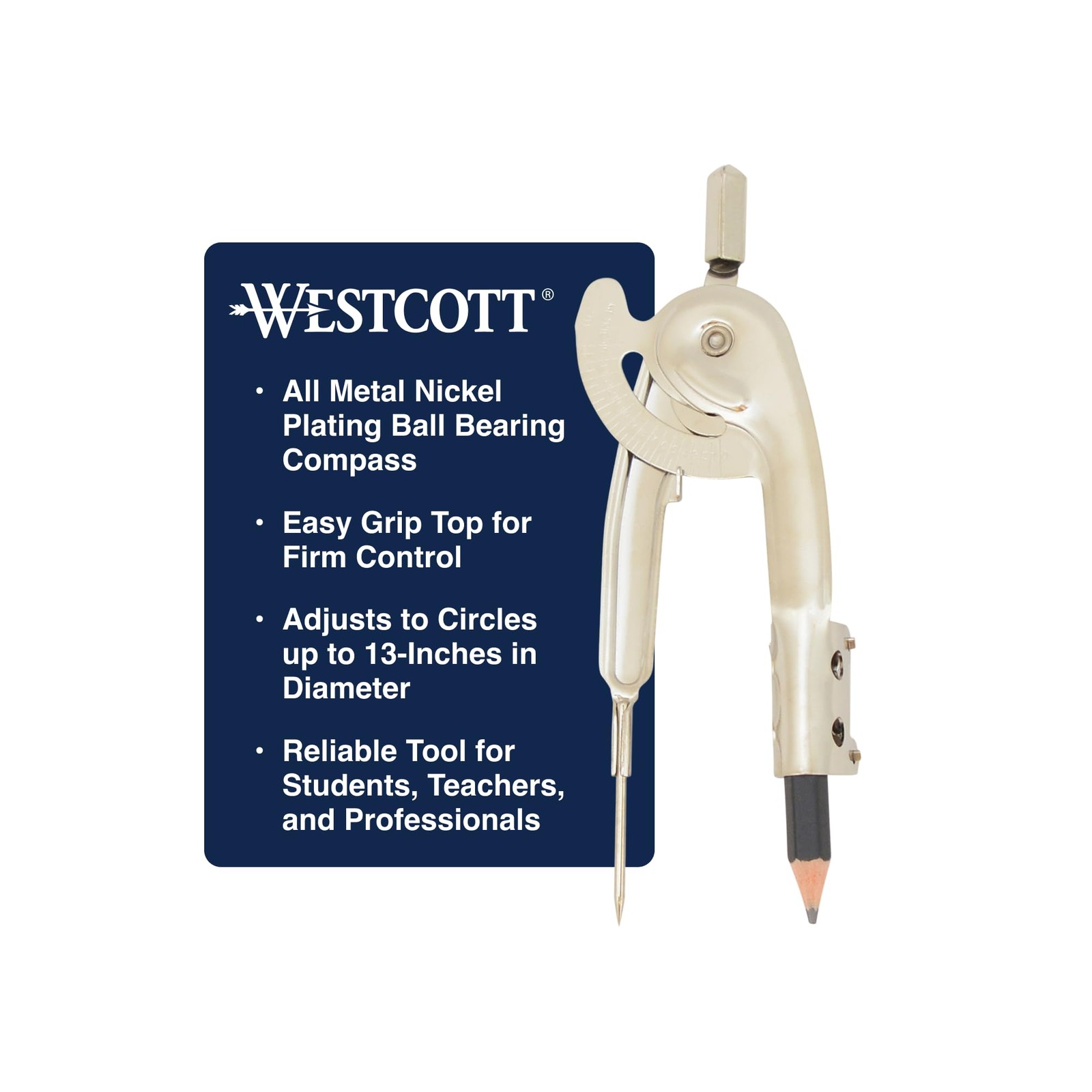 Westcott Nickel-Plated Ball Bearing Compass with Bearing, Multicolor