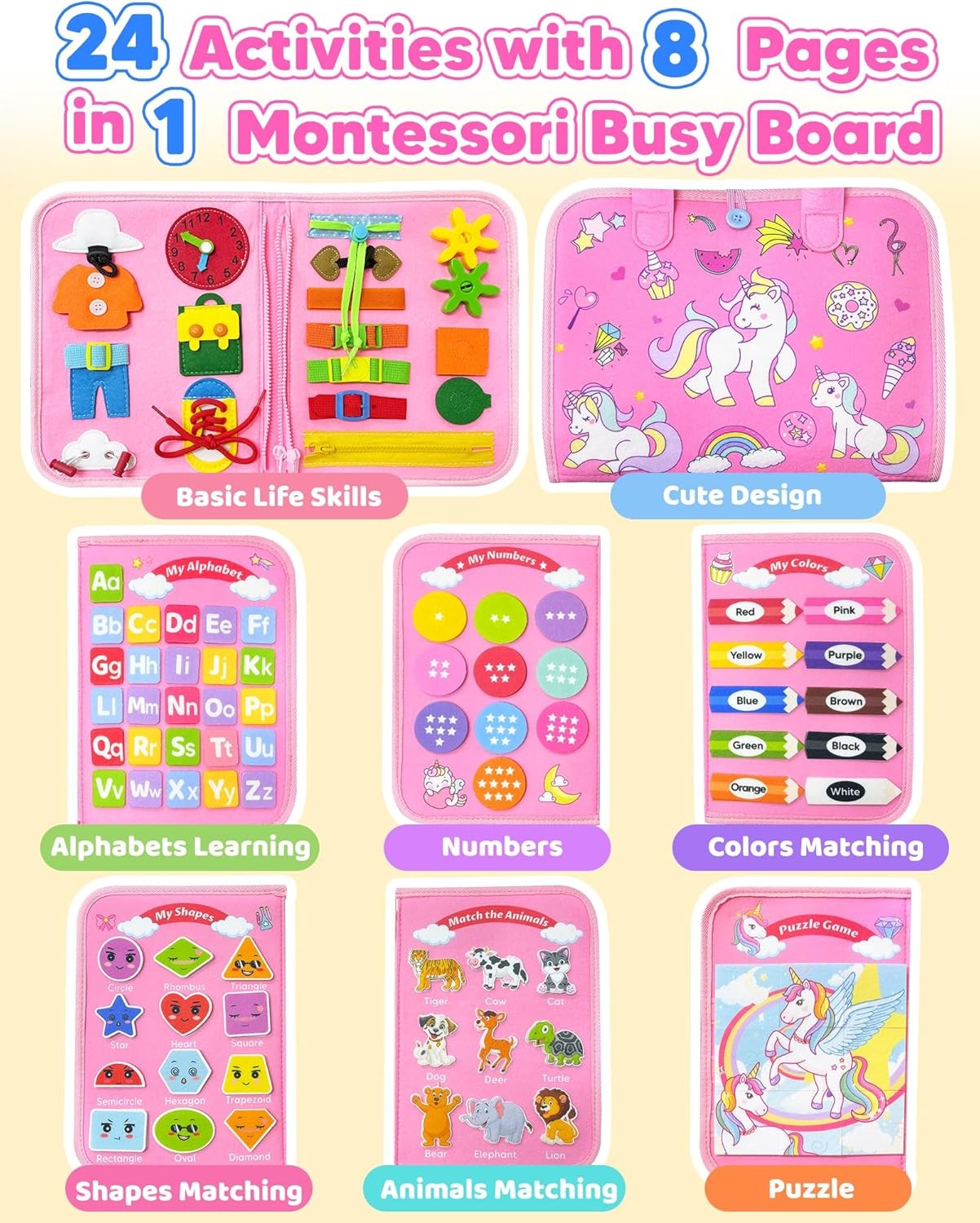 Toddler Busy Board Montessori Toys for 1 2 3 4 Year Old Girl Birthday Pink