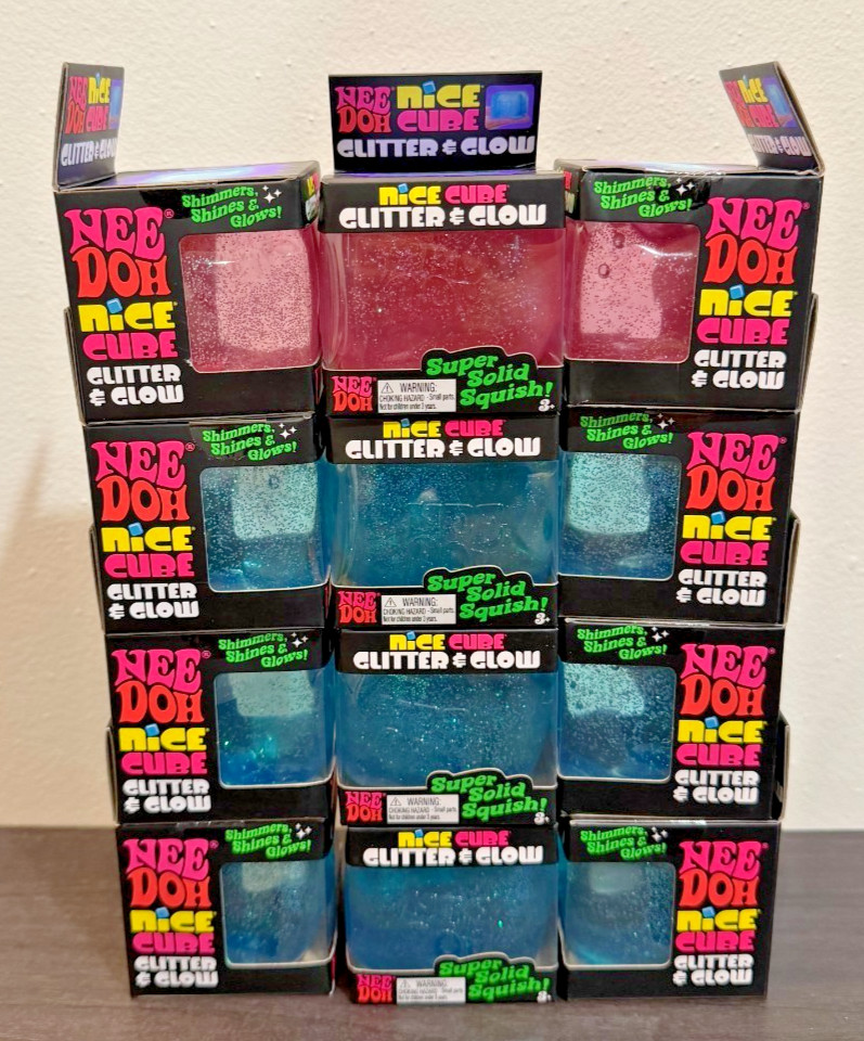 NeeDoh Nice Cube Glitter & Glow Lot of 12 Full Case with Display Box Blue & Pink