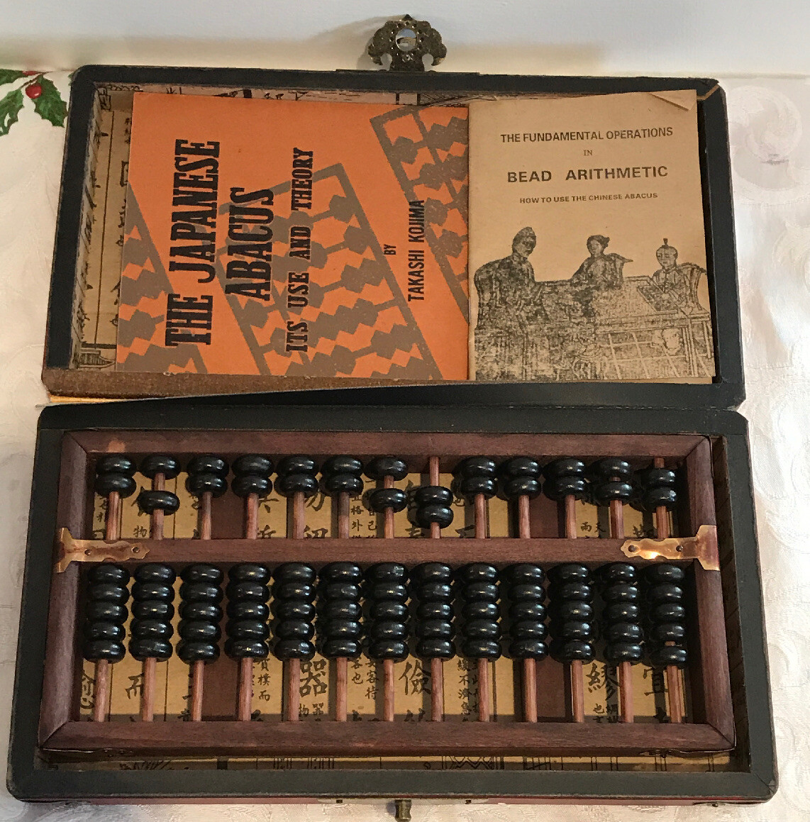 Chinese Abacus HAND dragon phoenix leather wood box