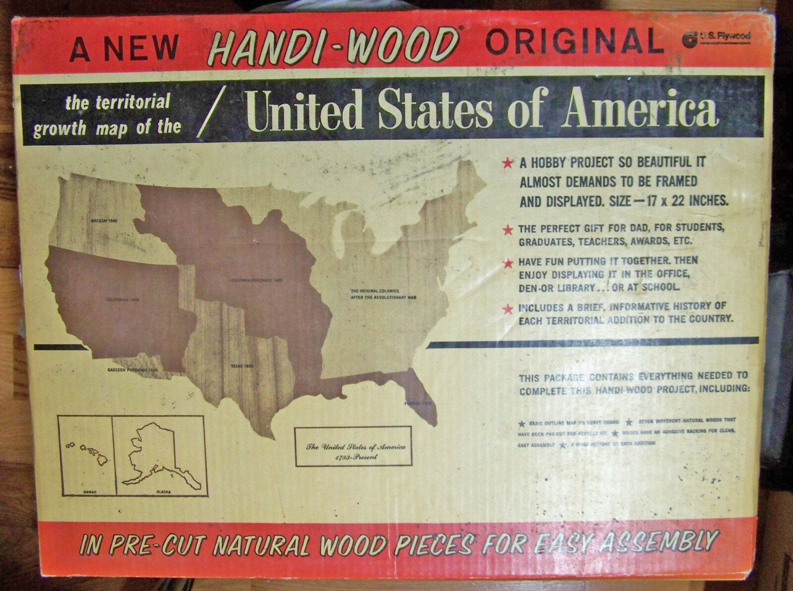 SUPER Educational HISTORY 1783-1968 MAP, Handi-Wood by U.S. Plywood, 17×22