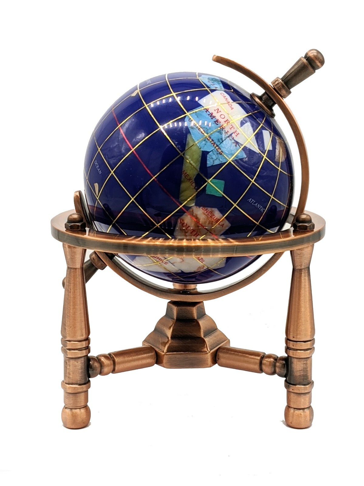 Unique Art 6-Inch Mini BLUE LAPIS Gemstone World Globe with COPPER Tripod office