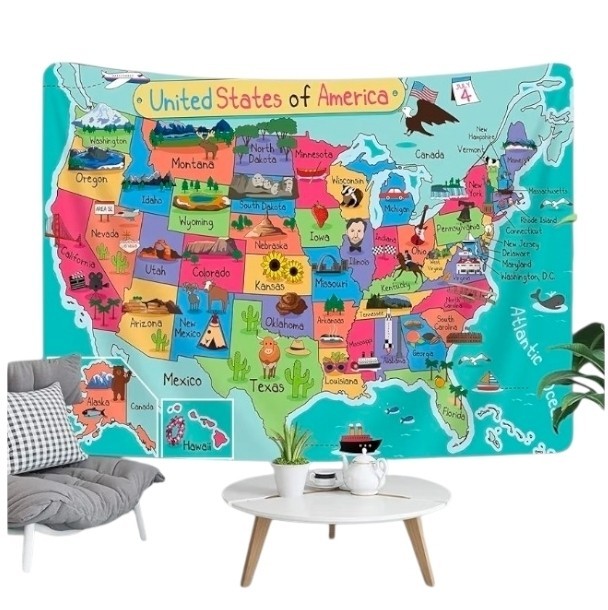 Kids USA Map Educational Tapestry Wall Hanging w/ Mounting Kit Classroom 71×60