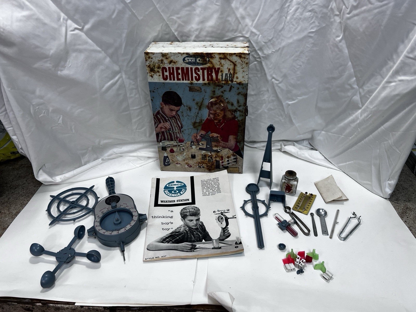 3 1960s Science Kits: Skil-Craft Chemistry & Microscope Remco Weather Station