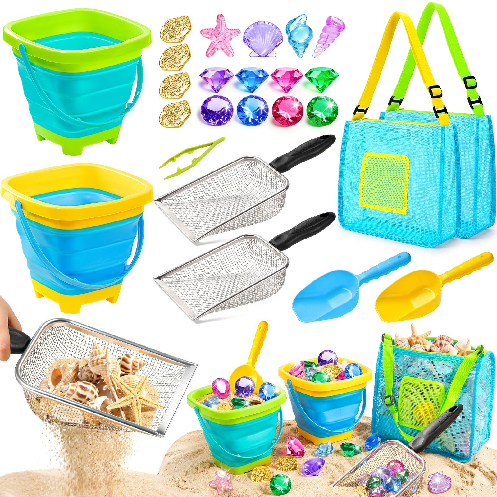 DISHIO Beach Toys for Kids, 24 Pcs Small to Medium, Green, Blue, Yellow, Teal