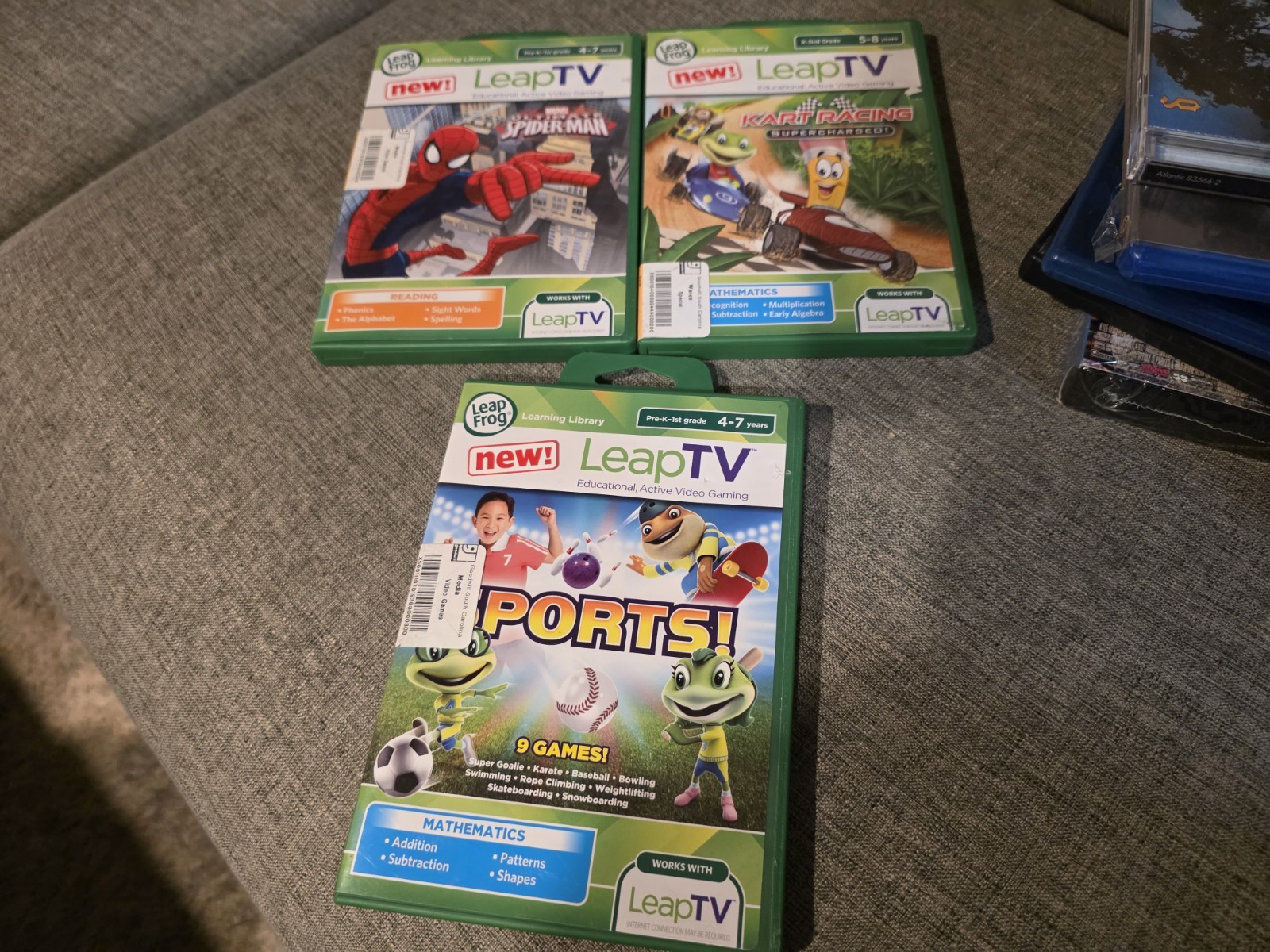 Lot Of 3 LeapFrog LeapTV Spider-Man, Kart Racing, Sports! Educational Games