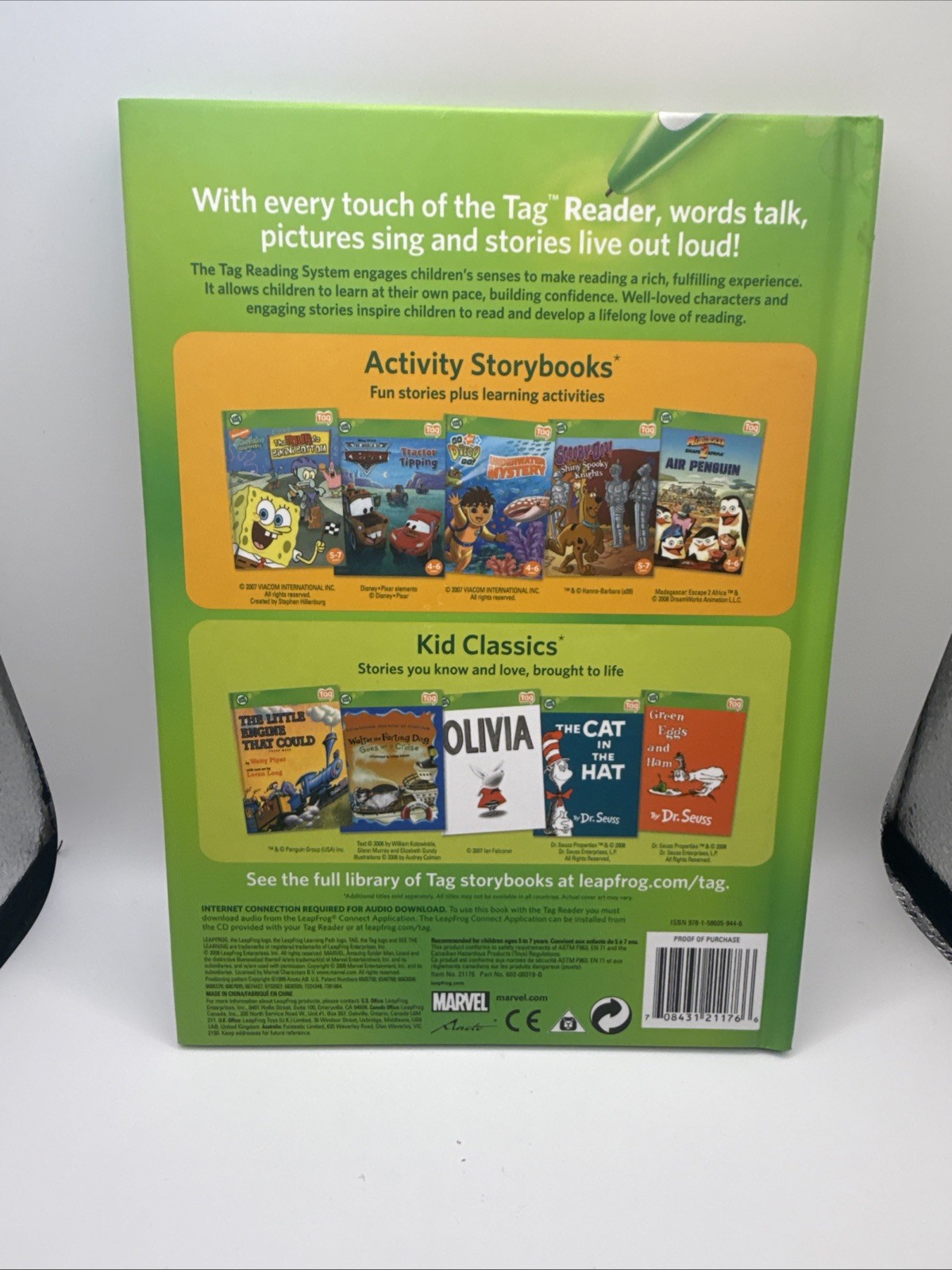 Leapfrog Tag Reading System 8 Books Green & Clear Case – Cars UP Spiderman Pixar