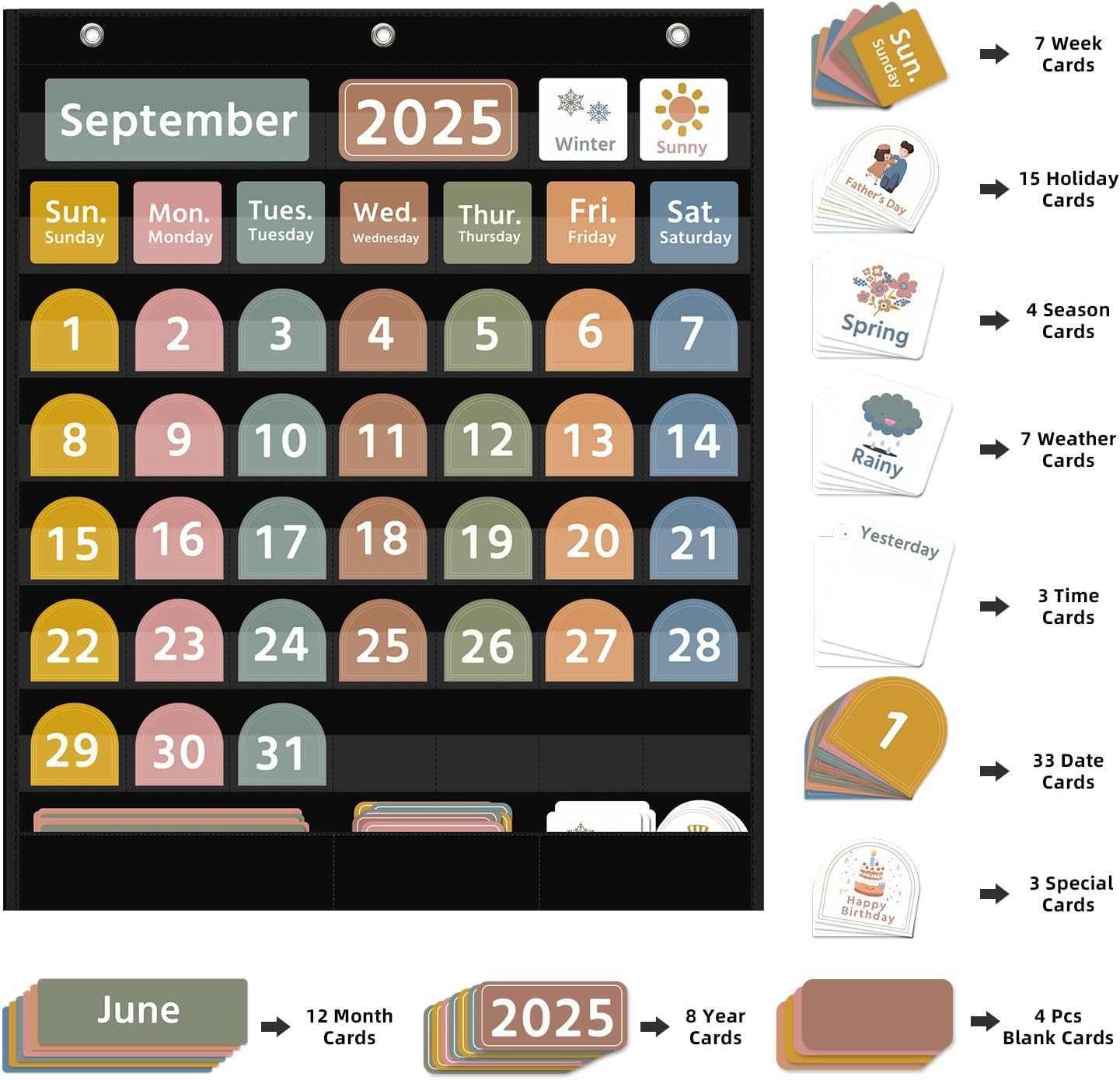 Large Boho Pocket Calendar Chart with 96 Cards, 32″x24″ Classroom & Home