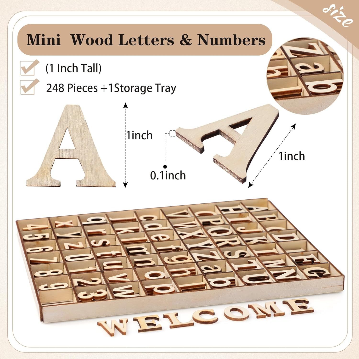 248 Pcs 1 Inch Wood Alphabet Letters Numbers with Storage Box Blank Unfinished W