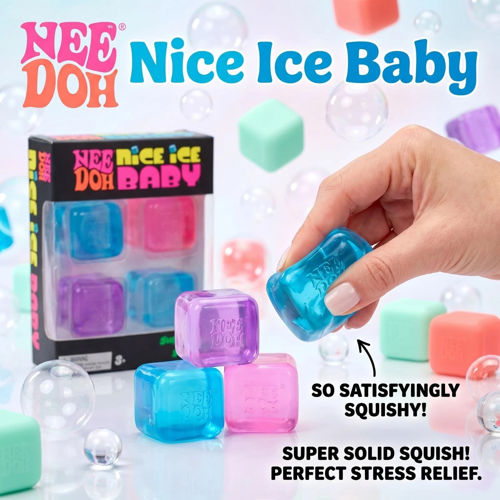 NeeDoh Nice Ice Baby 4-Pack Mini Cubes Authentic Squishy Fidget Stress Toy