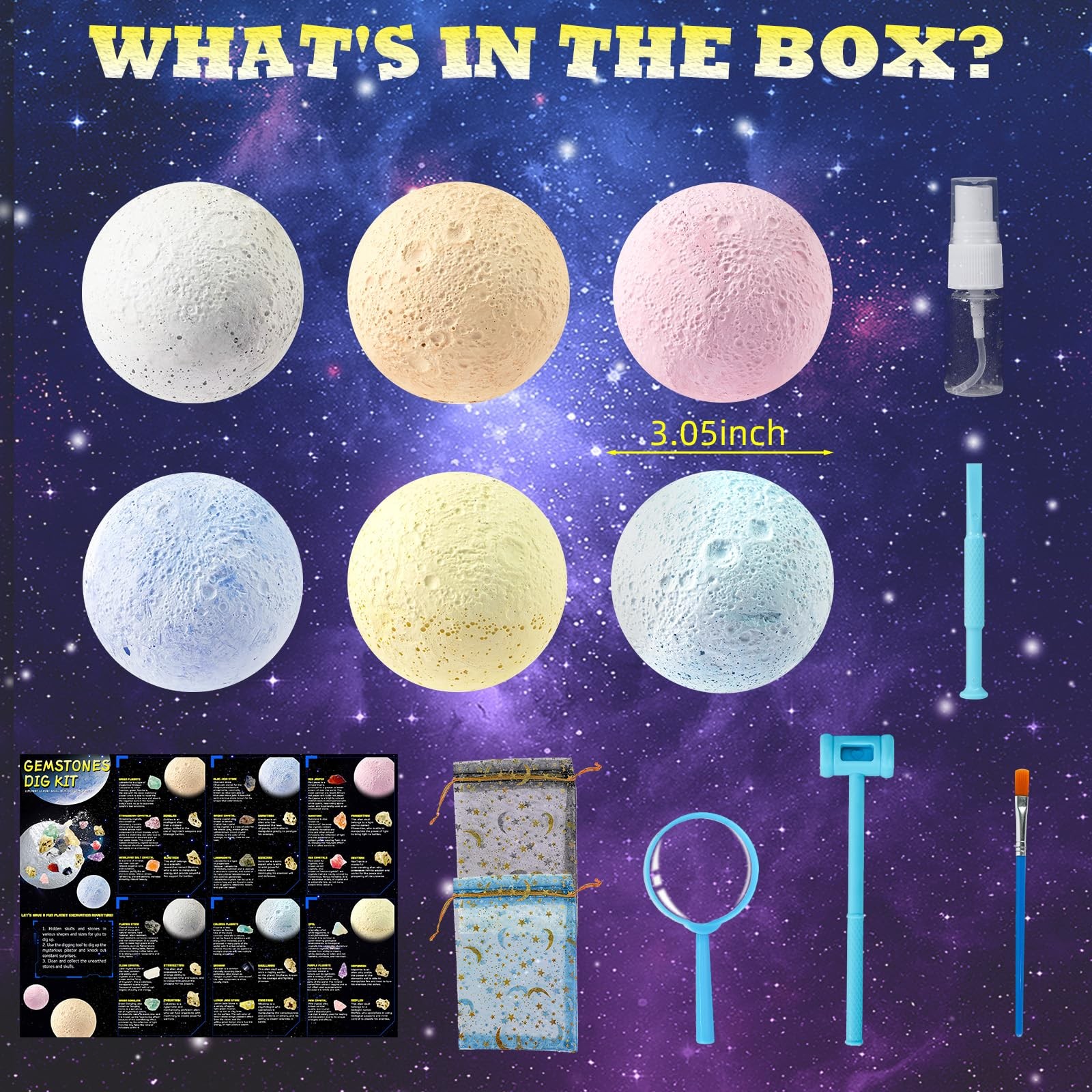 Hiawbon Gemstones Dig Kit 6 Planets 12 Skulls 18 Gems Space Kit