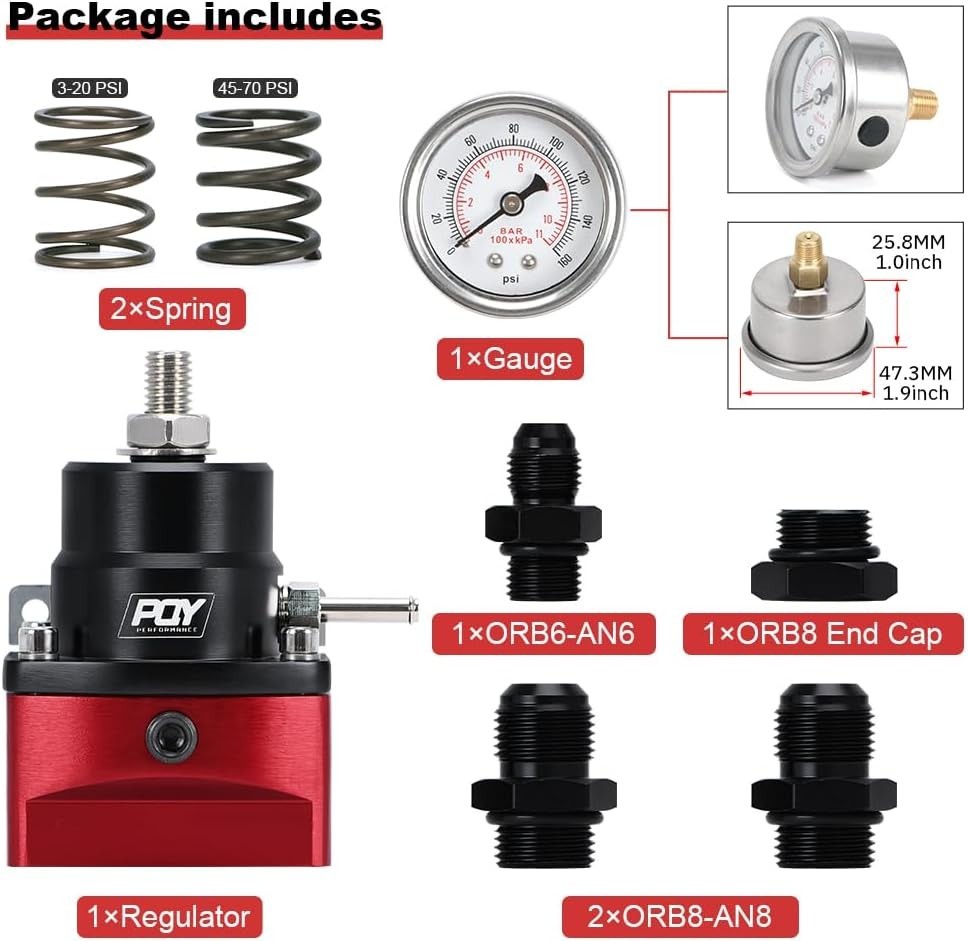 Adjustable Fuel Pressure Regulator Kit 3-70PSI with AN8 Feed Port and AN6 Ret…