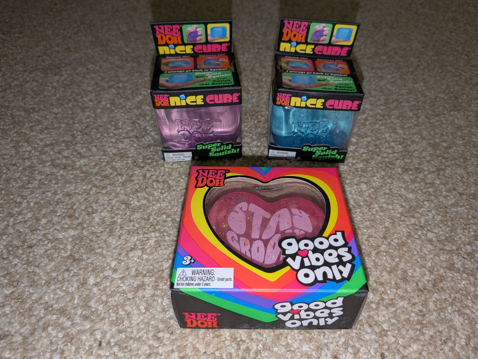 3x New RARE Purple Blue Pink NeeDoh Heart Squishy Nice Cube Jellie Dohnut Stress