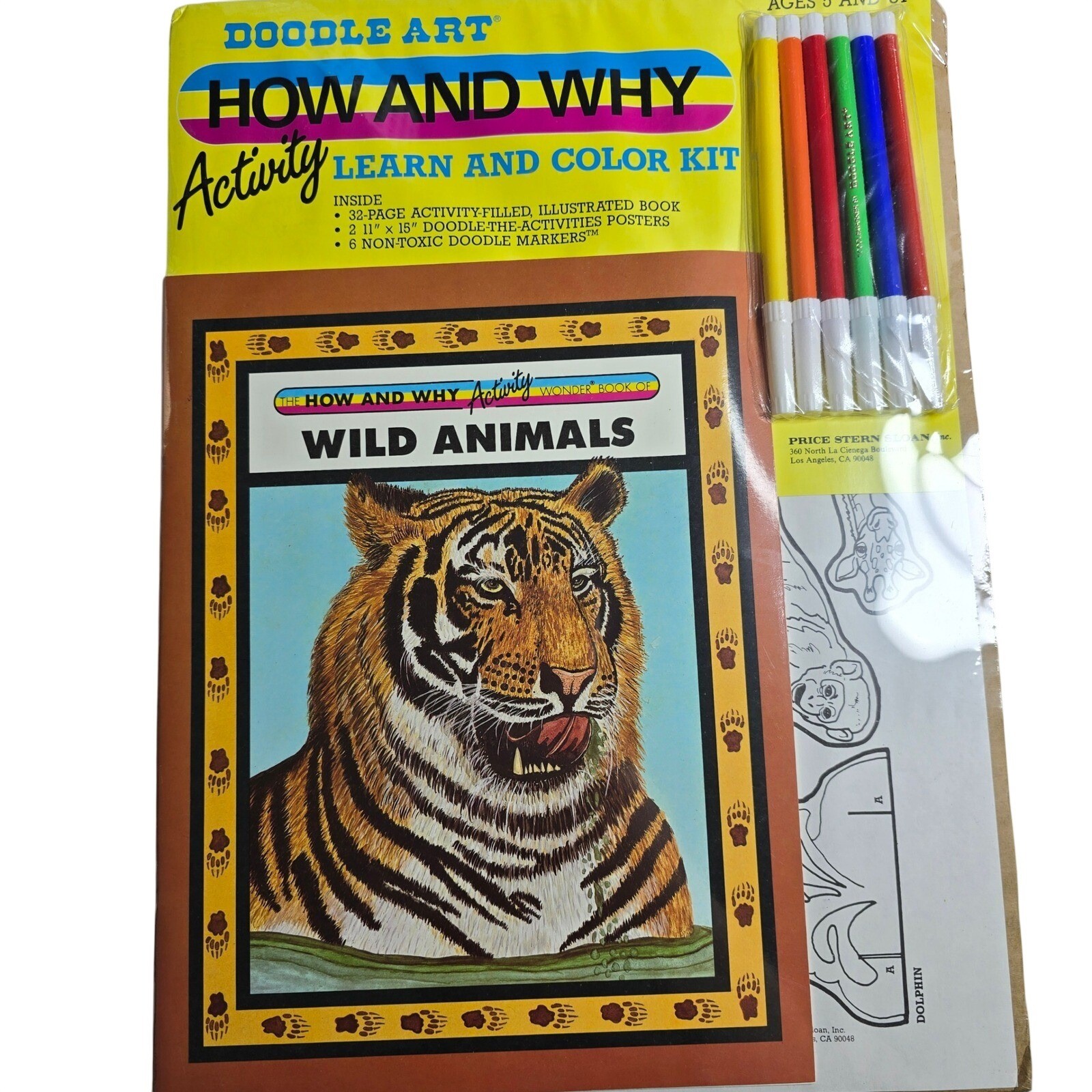 VTG 1987 Doodle Art Poster Wild Animals Activity Kit Book Markers Learn Color