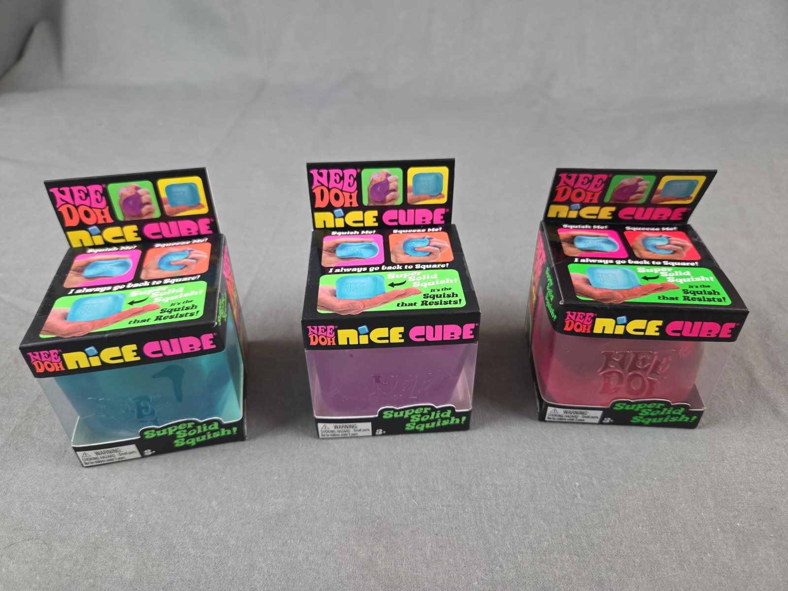 3X NeeDoh Nice Cube Super Solid Squish **Authentic** Blue, Purple And Pink