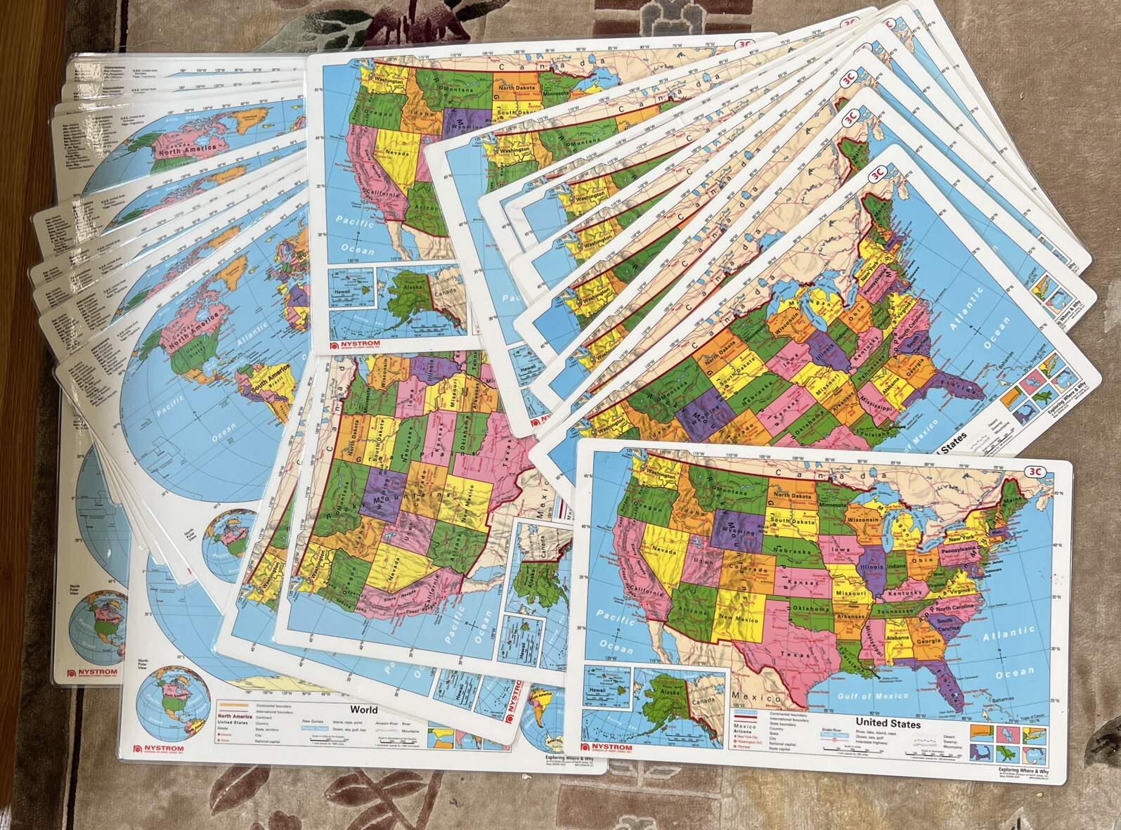 17″X11″ 28 Laminated Double Sided United States World Map 3D /C Nystrom Teacher