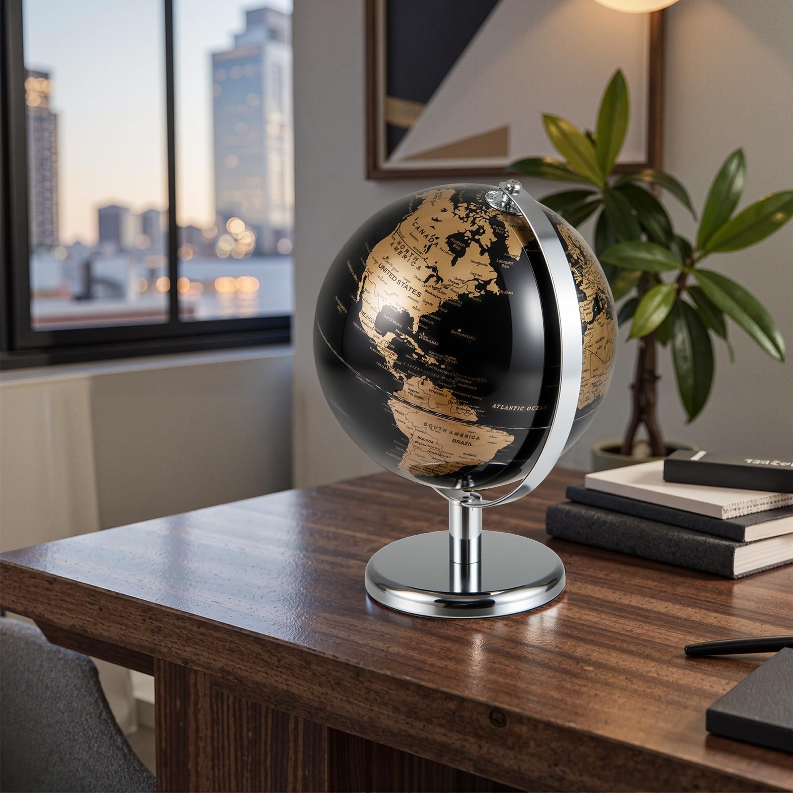 Toolsempire 8″ World Globe, Black Earth Globe with Gold Accents, Metal