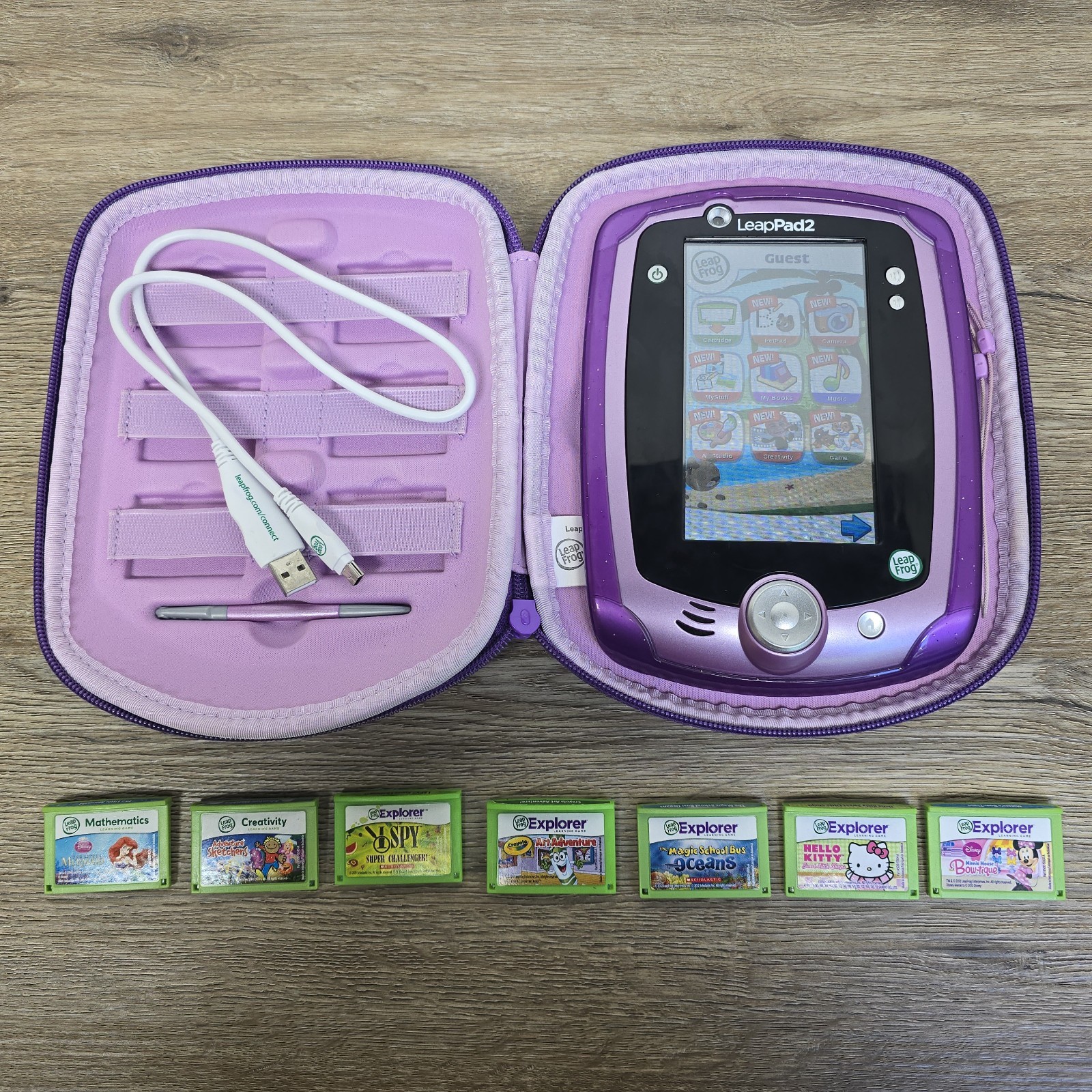 LeapFrog Leap Pad 2 Kids Tablet, Purple Carrying Case, 7 Games Lot Working
