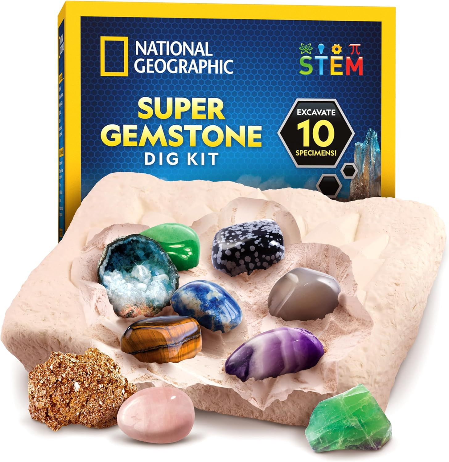 National Geographic Gemstone Dig Kit – Dig up 10 Real Gemstones and Crystals, Sc