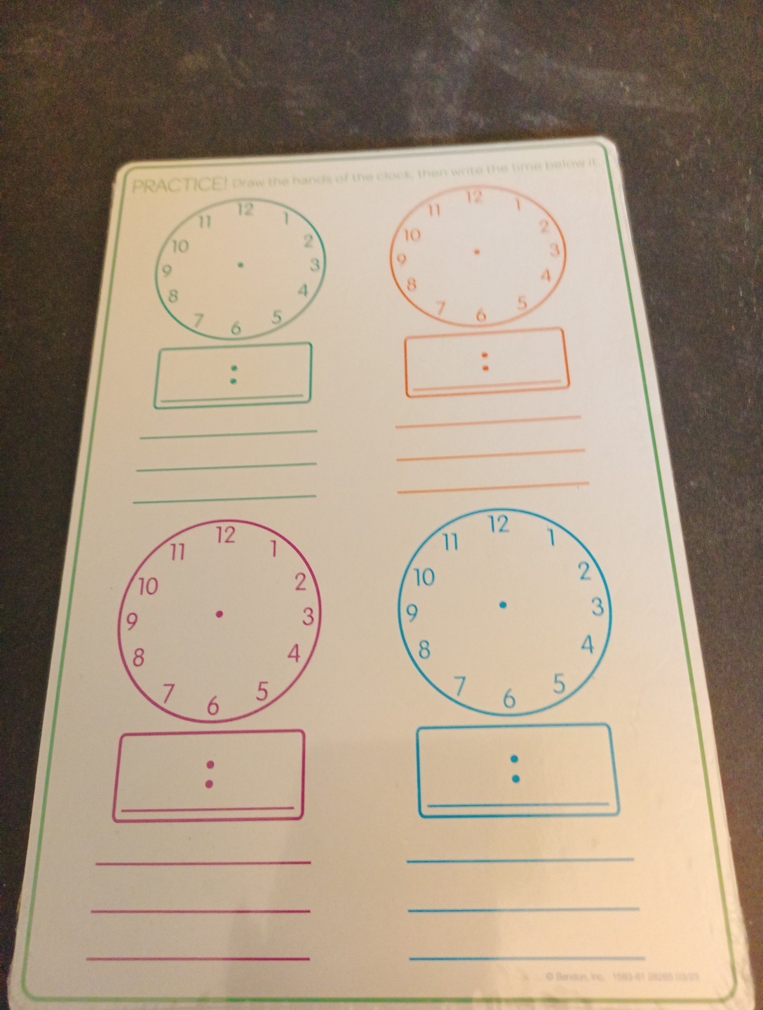 Bendon Telling Time dry erase board, 2 Sided, 6inch.x 9inch.- NEW Homeschool