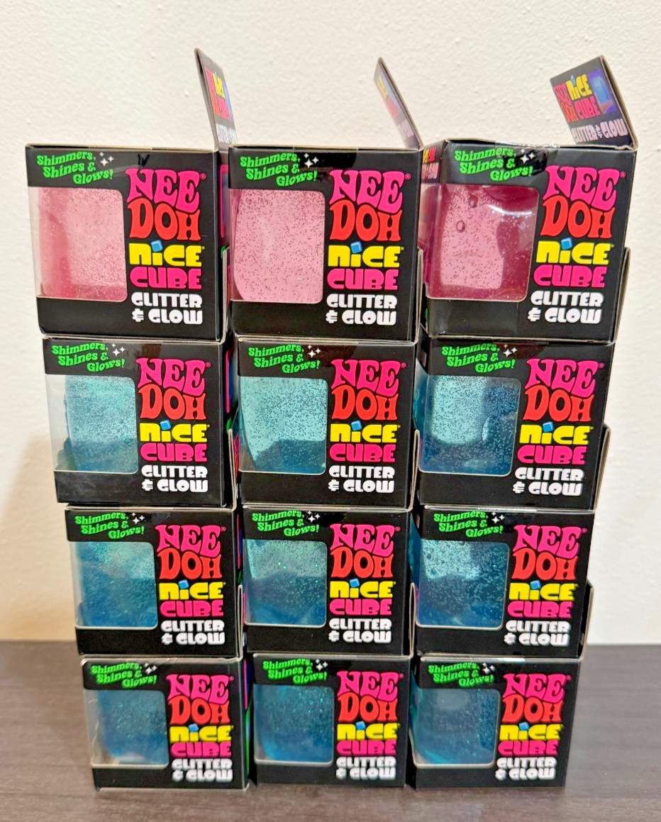 NeeDoh Nice Cube Glitter & Glow Lot of 12 Full Case with Display Box Blue & Pink