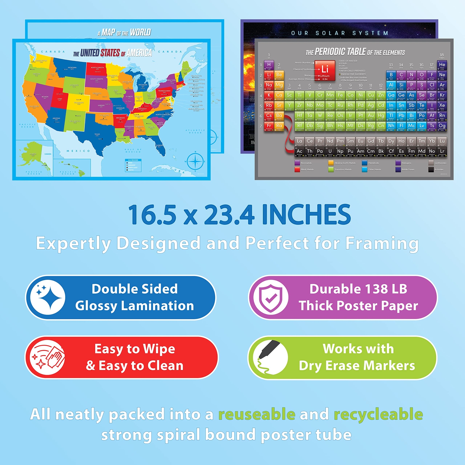 Solar System Periodic Table World USA Maps Classroom Home School Posters