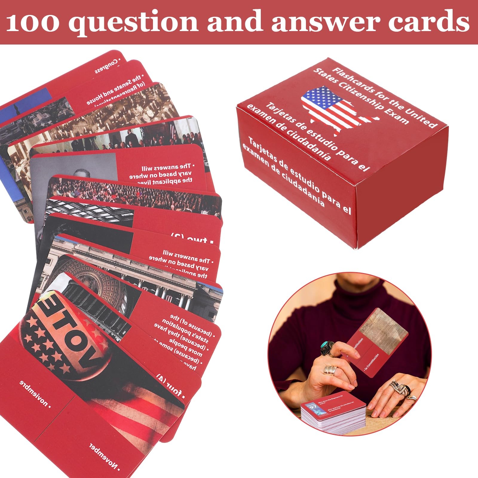 2026 New Us Citizenship Test Flash Cards 2026, Tarjetas para 3.6″x2.5″, Red