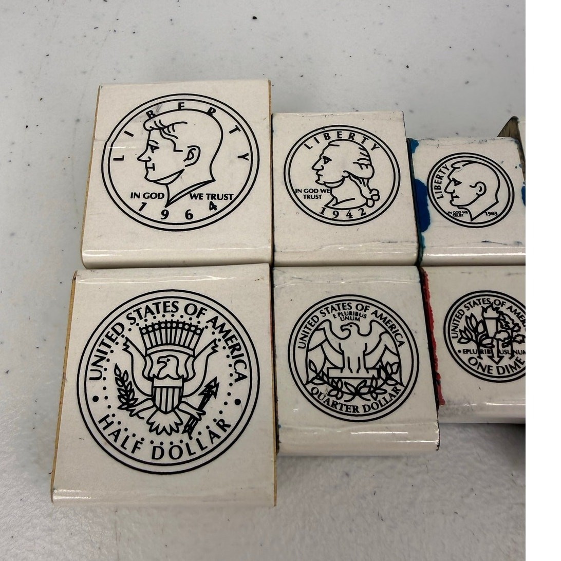 Vintage Coin Rubber Stamp Set Kennedy 1/2 Dollar Quarter Dime Nickel Penny 10 Pc