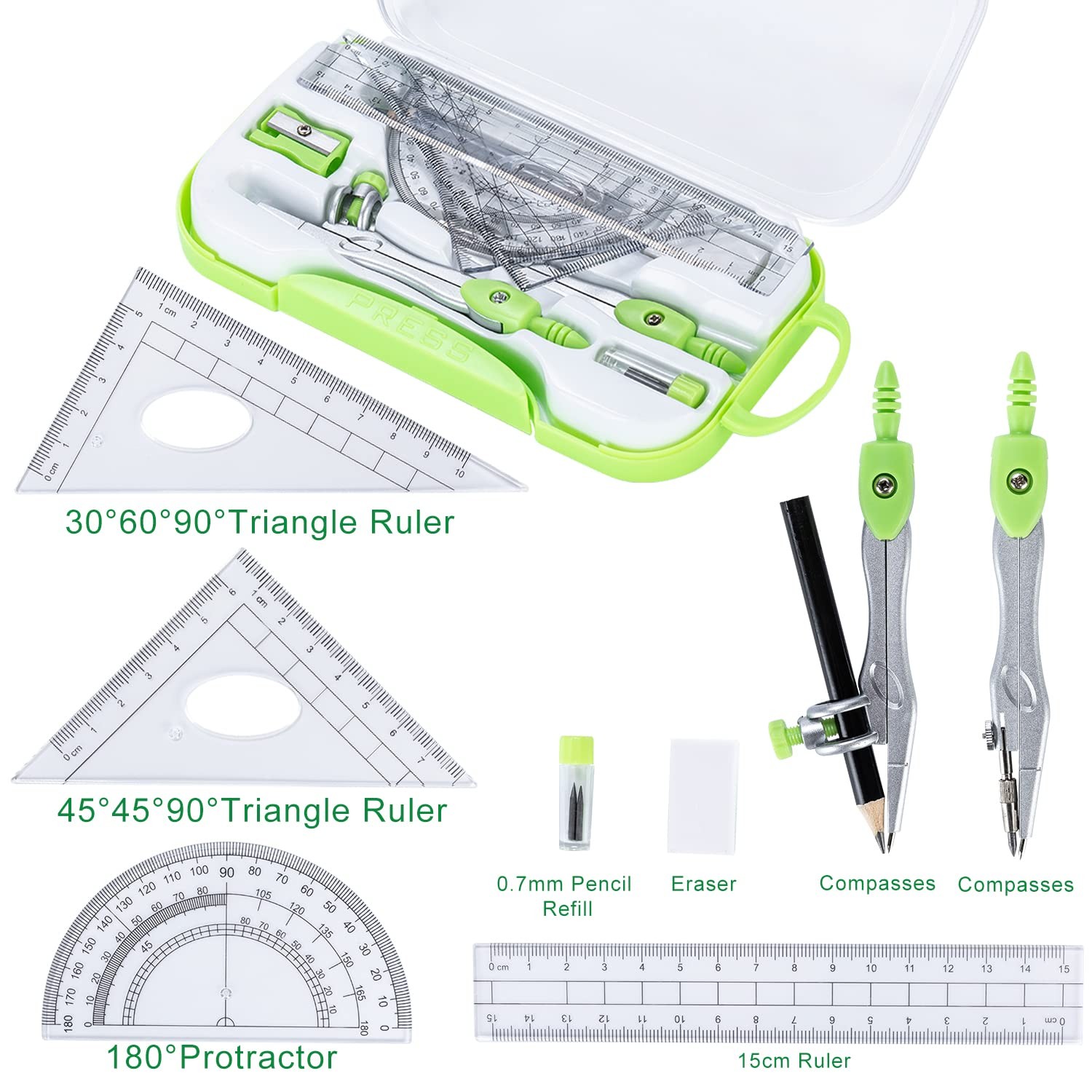 10 Pieces Math Geometry Kit Set with Shatterproof Storage Box, Student Green
