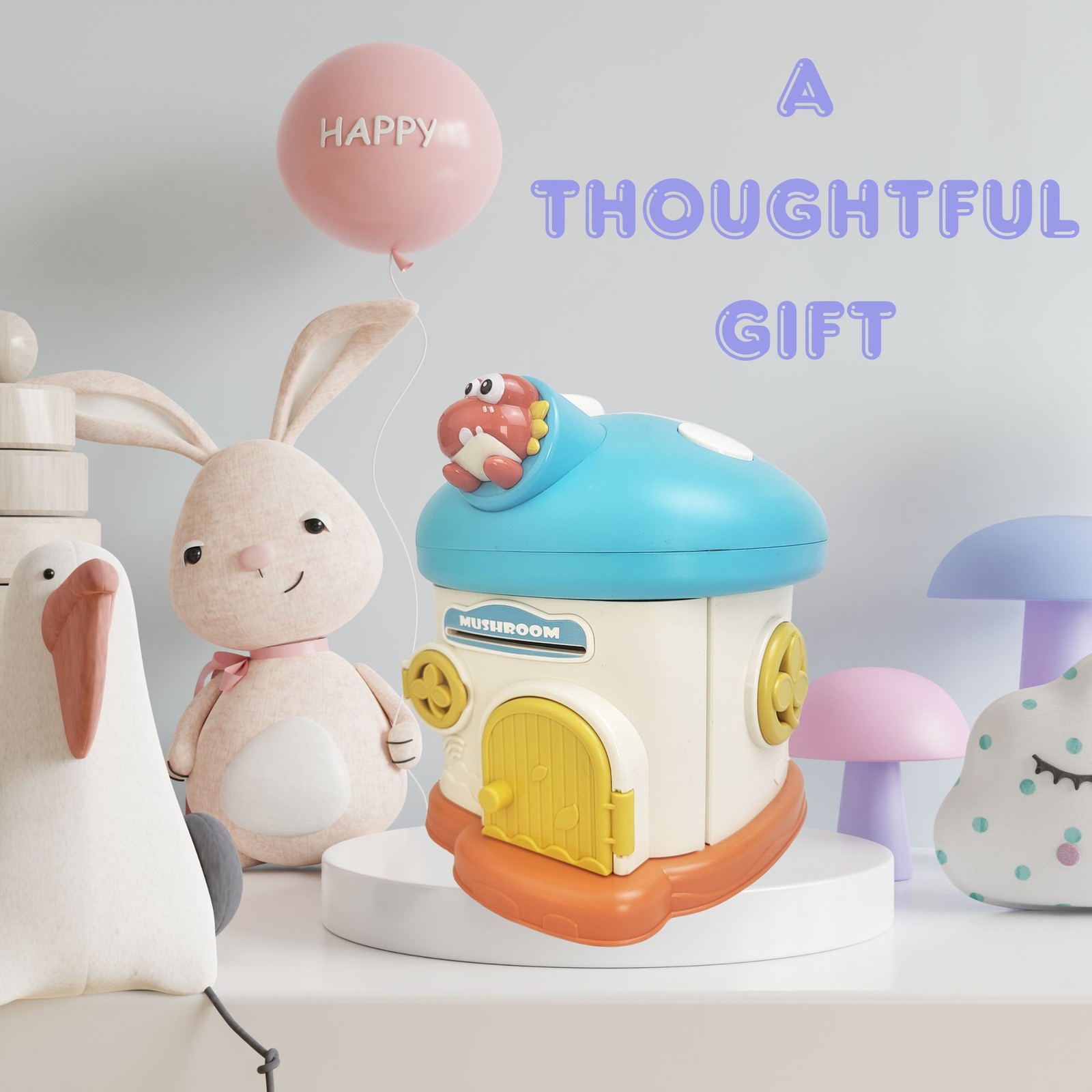 Lockable Kids Piggy Bank Mushroom Coin Box 2 Keys ASTM Non-Toxic Vinyl USA