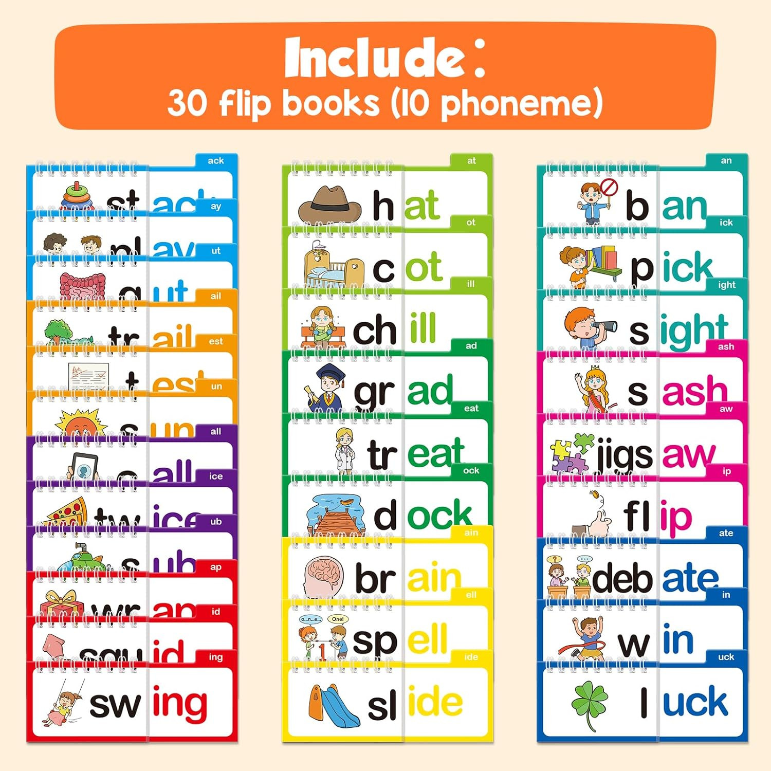 Phonics Flash Cards Word Family Build Book,Learn to Read 30 Read and Rhyme Flip