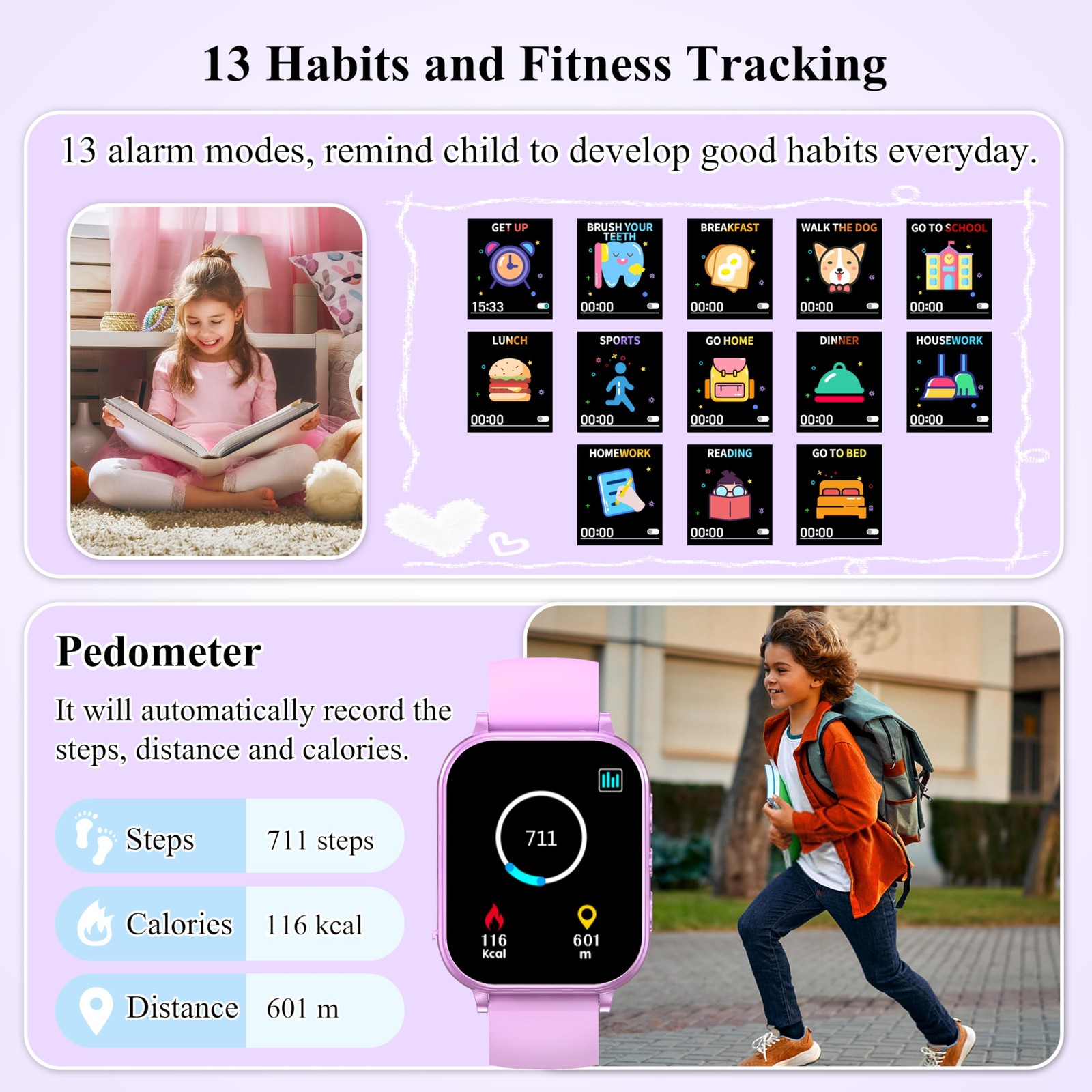 KALINCO Kids Smart Watch, 30+ Games Camera Video 1.83 inches, Purple