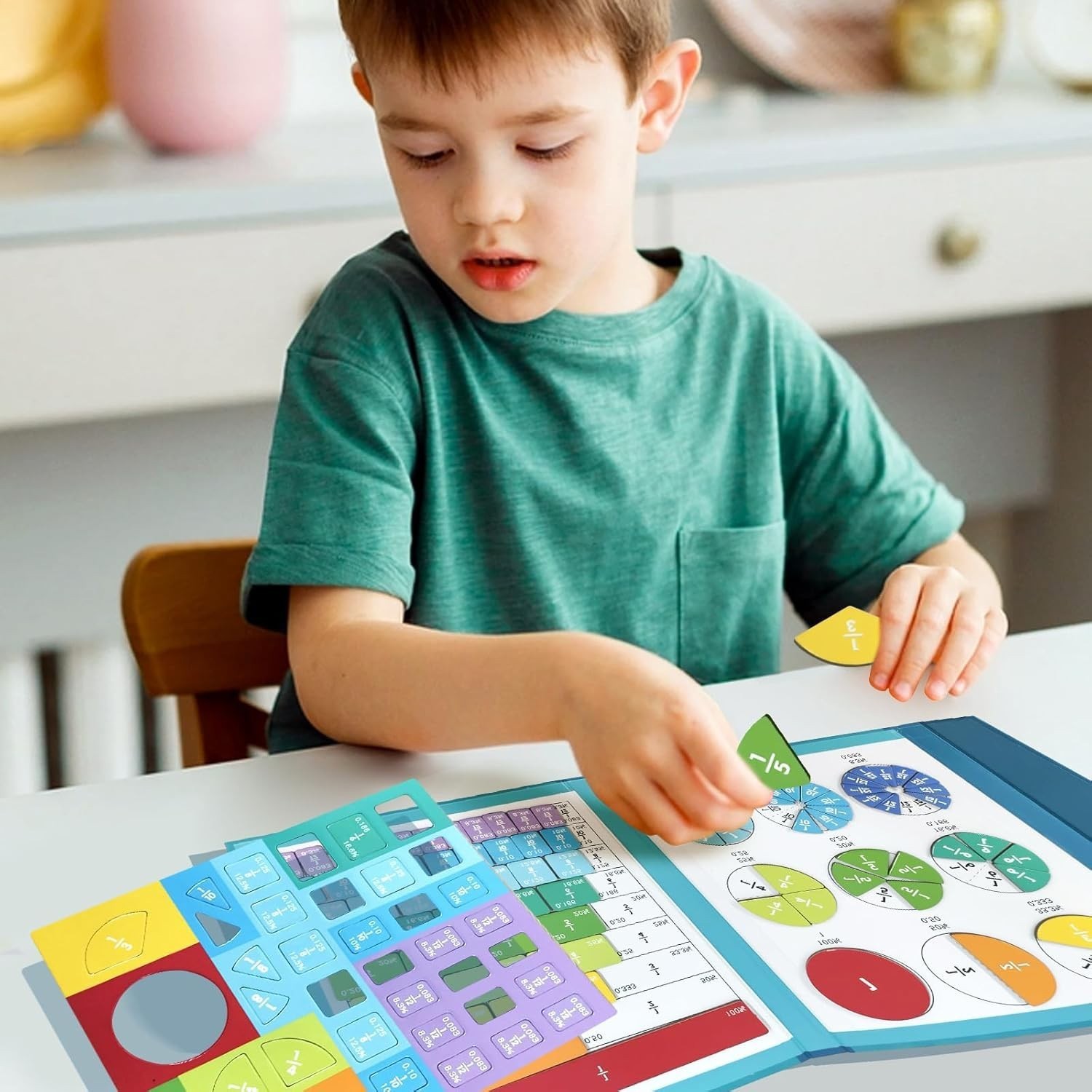 Magnetic Fractions Demonstration Book & Magnetic Wooden Tangram Block Puzzle Kit