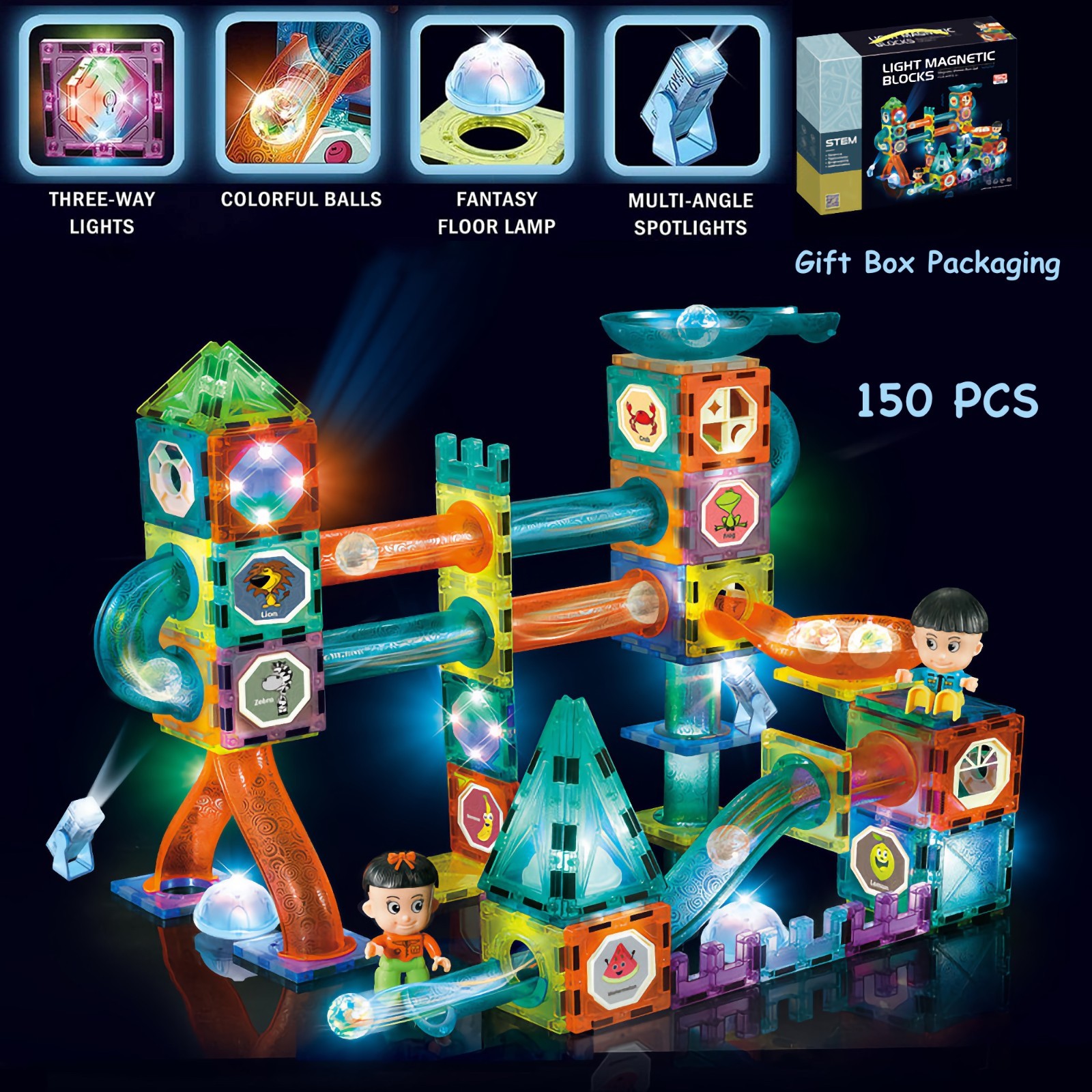 Glowing Magnetic Marble Run Glow in The Dark 150 Magnetic Tiles Building Blocks