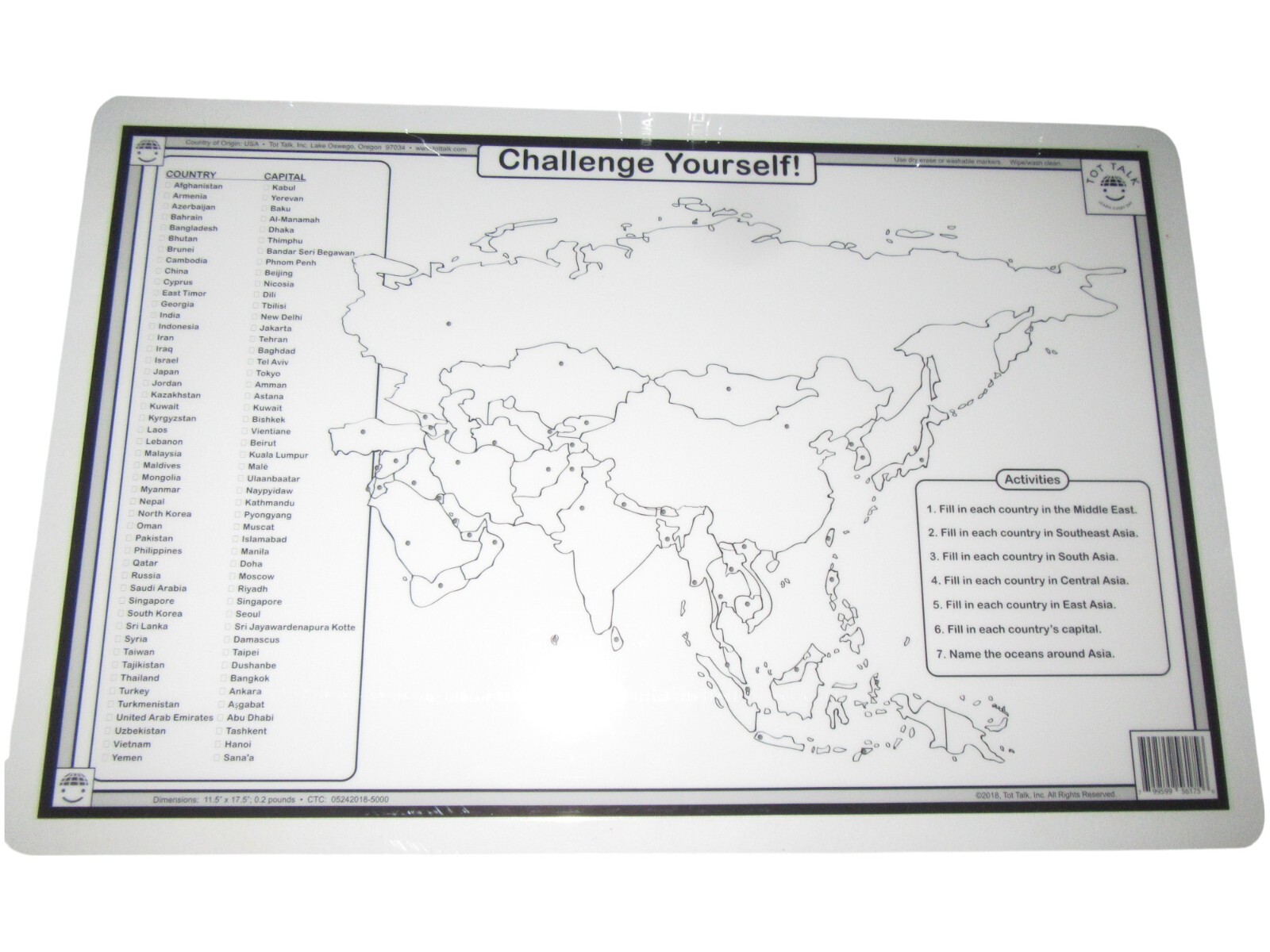 Asia Map Laminated Dry Erase Writable Washable Educational Placemat 11.5″x17.5″