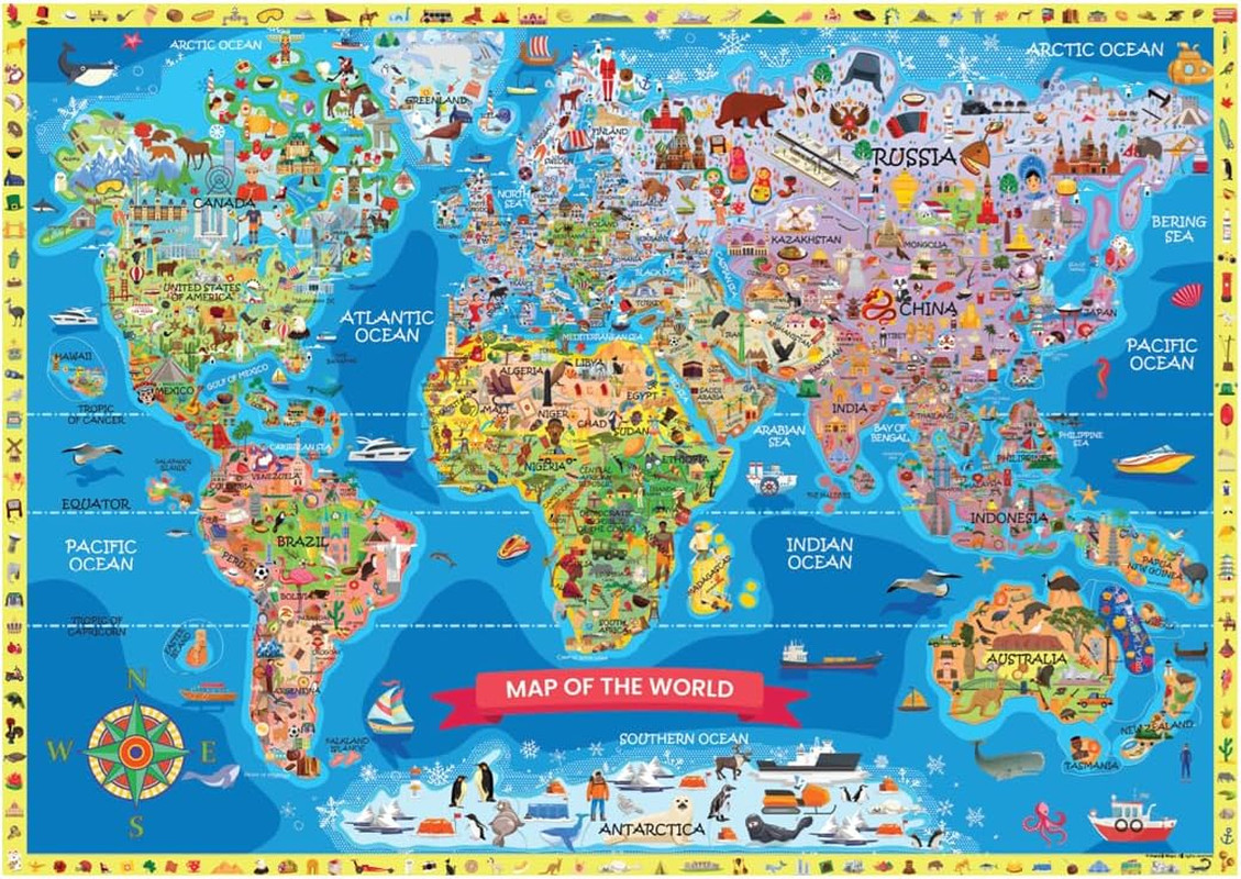 World Map for Kids Learning – Large Colorful 33” X 24” Illustrated World Map Edu