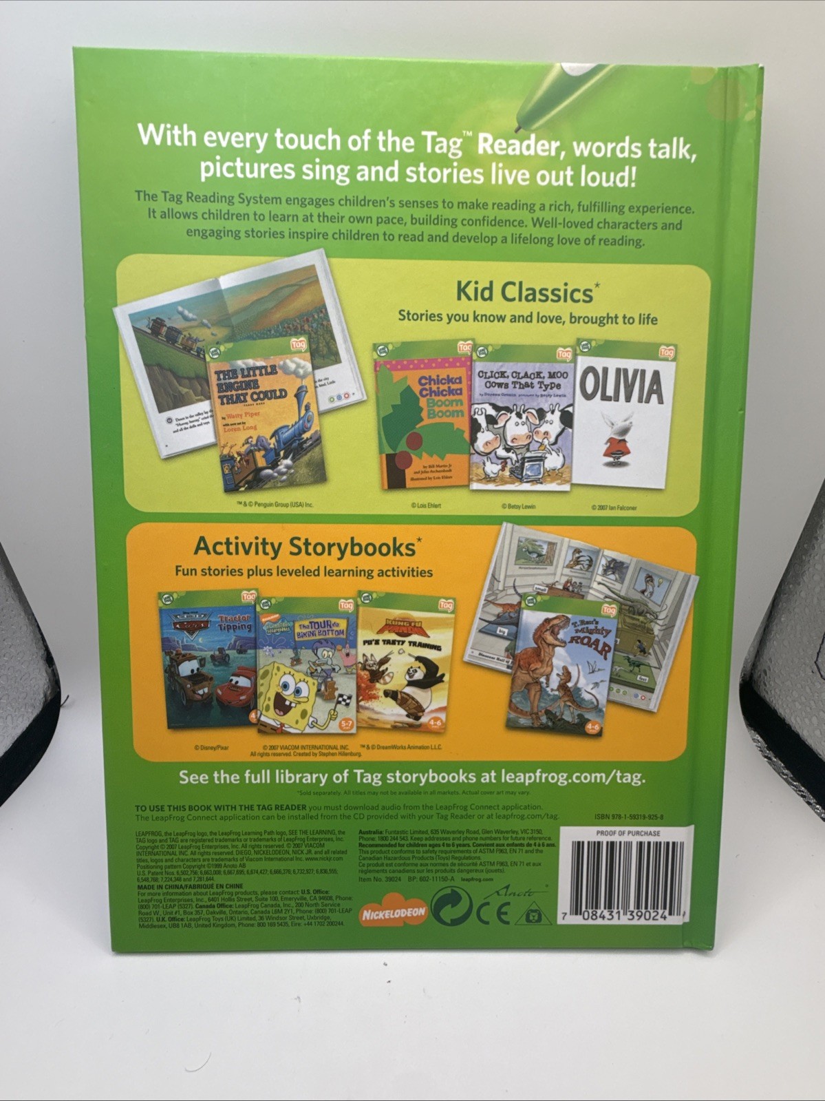 Leapfrog Tag Reading System 8 Books Green & Clear Case – Cars UP Spiderman Pixar