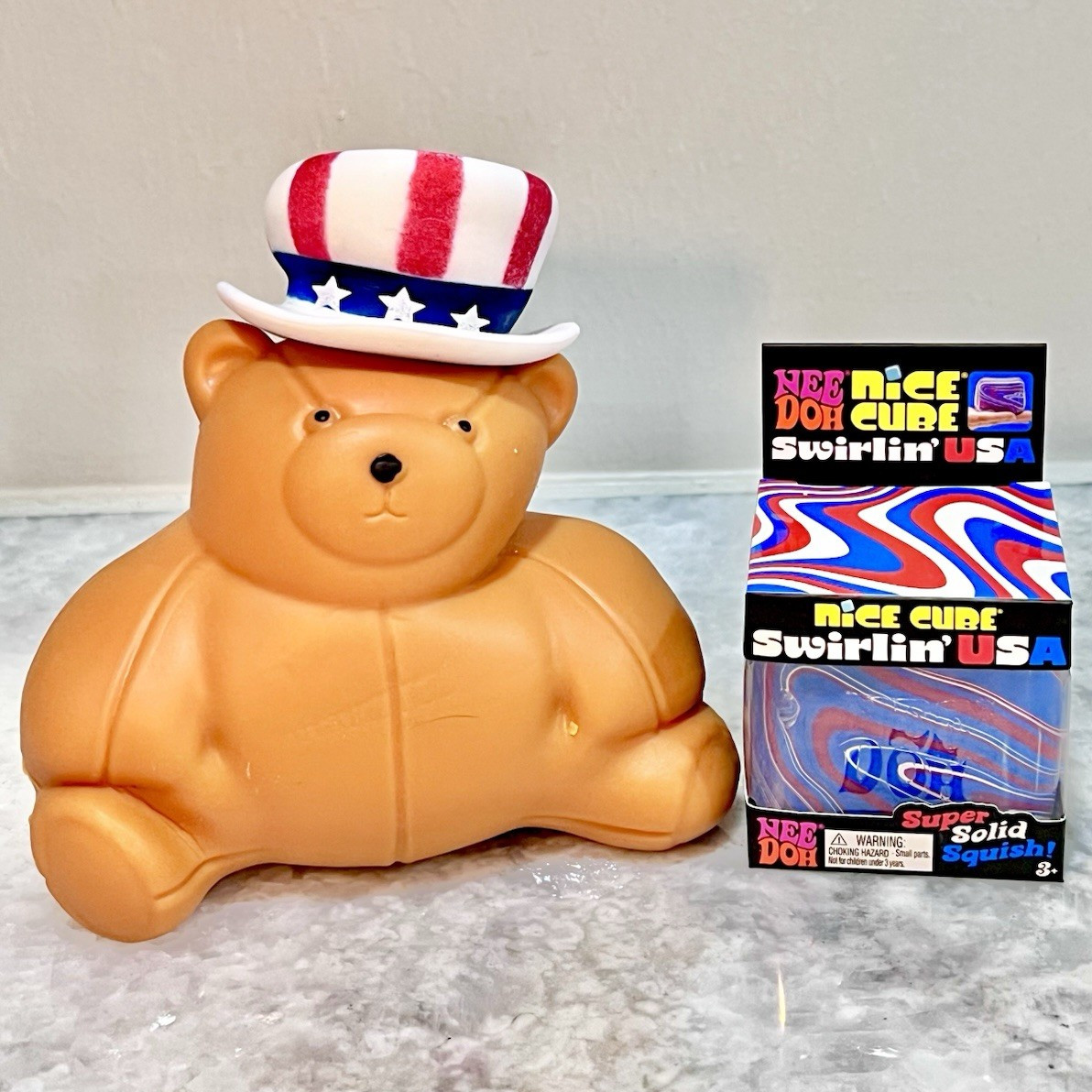 Sunny Days Squishy Patriotic Bear + NeeDoh Nice Cube Swirlin’ USA 🇺🇸❤️🤍💙