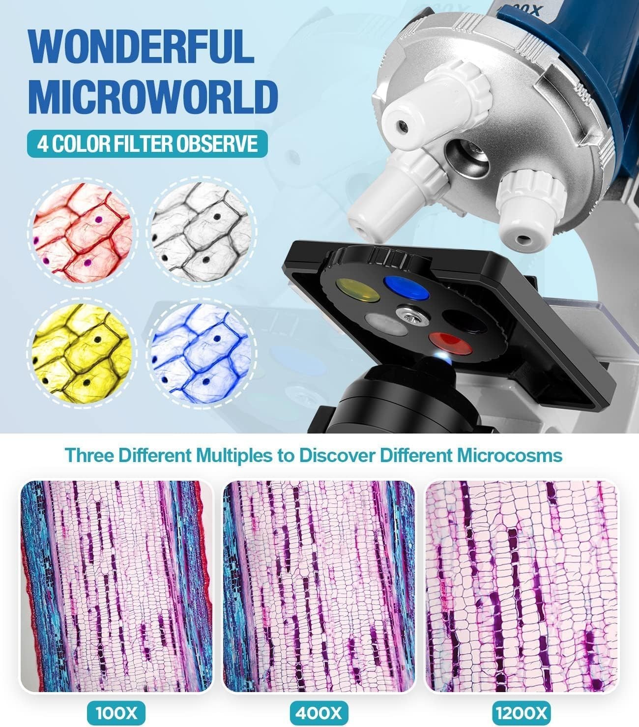 58-Piece Kids Microscope Kit – 100X-1200X Magnification, Metal Body, LED Ligh…