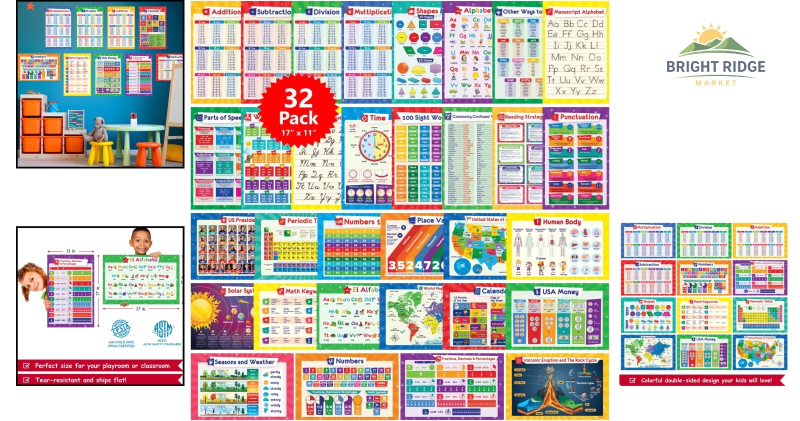32 Educational Posters Set for Kids, 17×11 Classroom Wall Art & Learning Charts